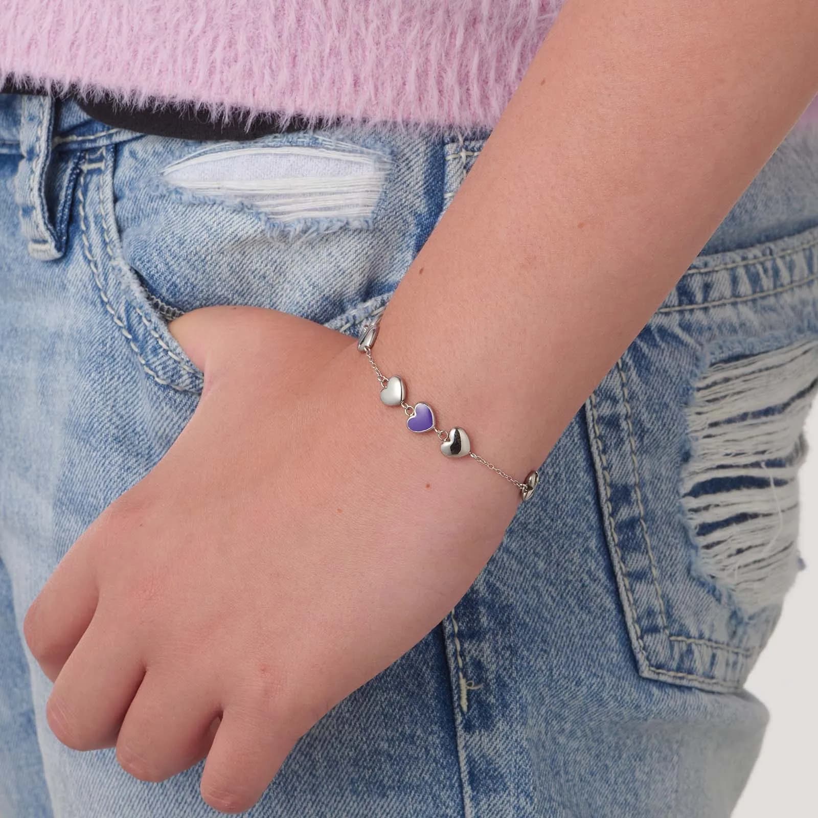 Armband i stål - hjärtan med lila emalj, 14+2 cm 2