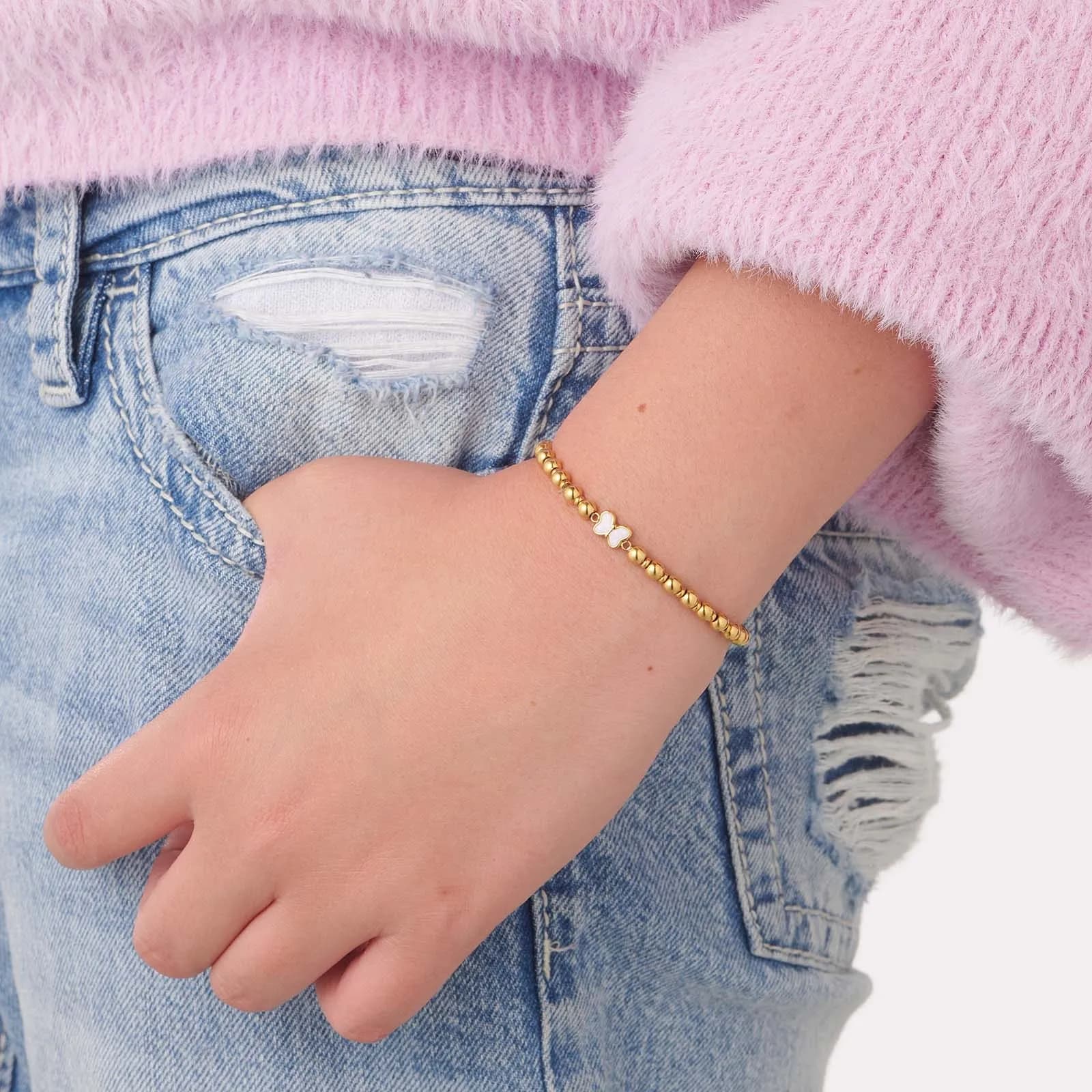 Armband i guldpläterat stål - elastiskt med fjäril, 13 cm 2
