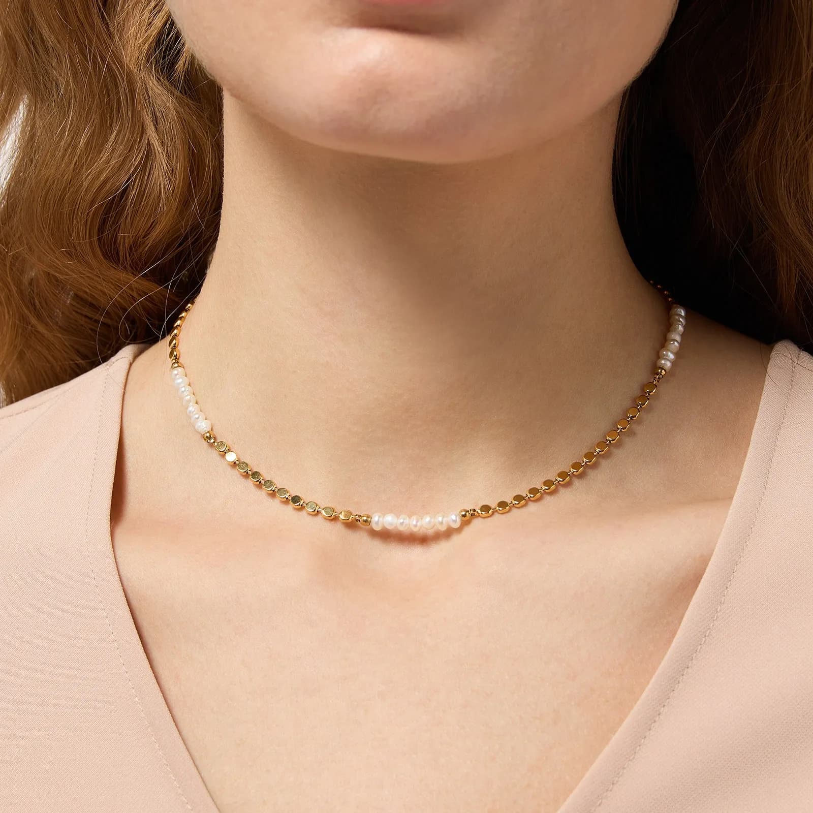 Guldpläterat stålhalsband med pärlor - 35+5cm 2