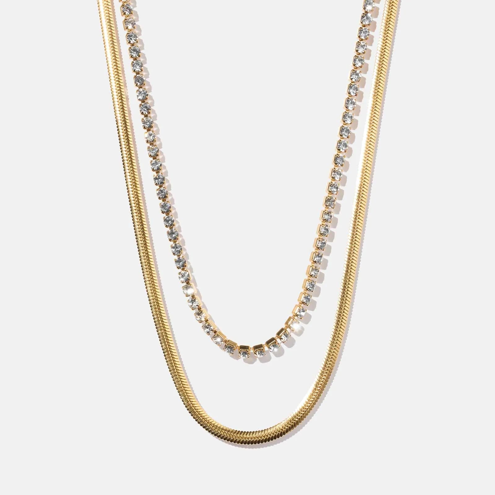 Guldpläterat stålhalsband -  tvåradigt med vita stenar, 39/44+6cm 1