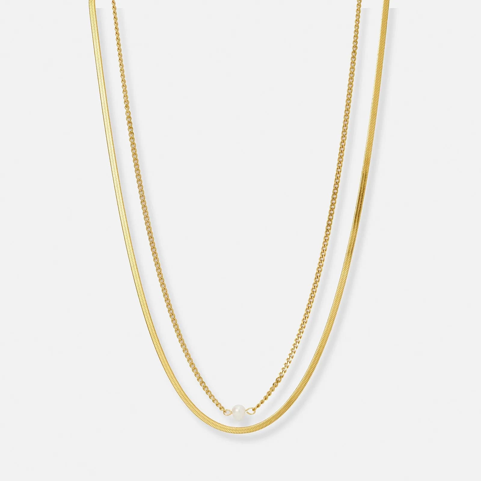 Guldpläterat stålhalsband, tvåradigt med pärla - 38/40+5cm
