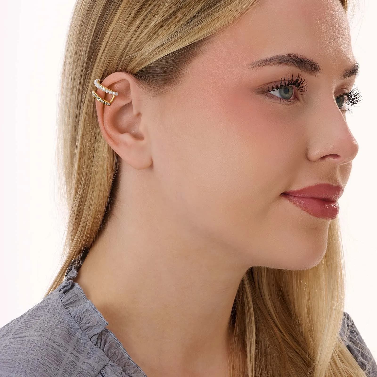 Guldpläterad ear cuff i stål, pärlor - 12  mm bred 2