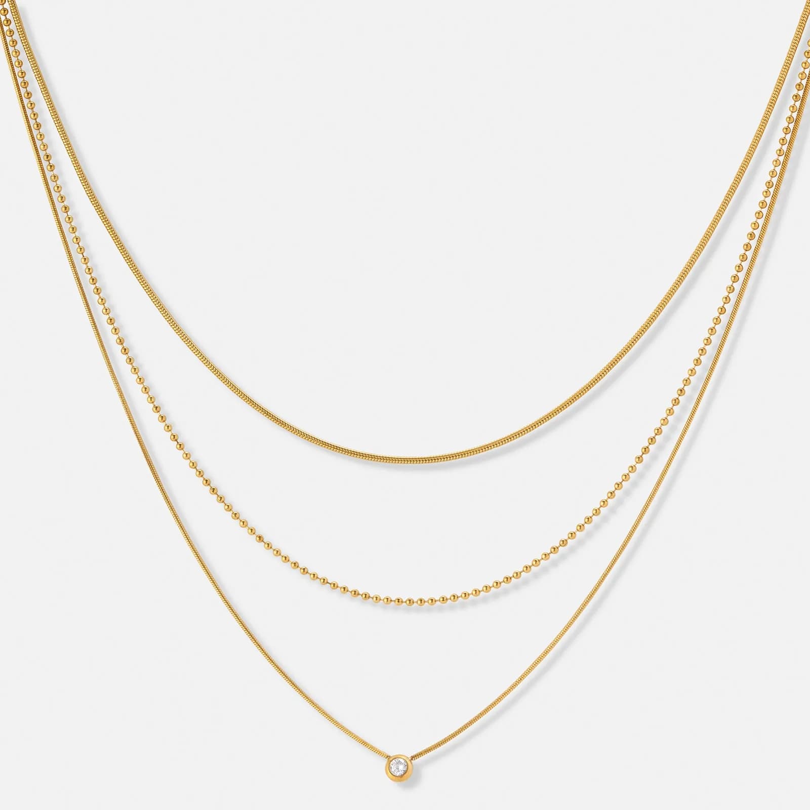 3-radigt guldpläterat stålhalsband, Kubisk Zirkonia - 35,5+5cm