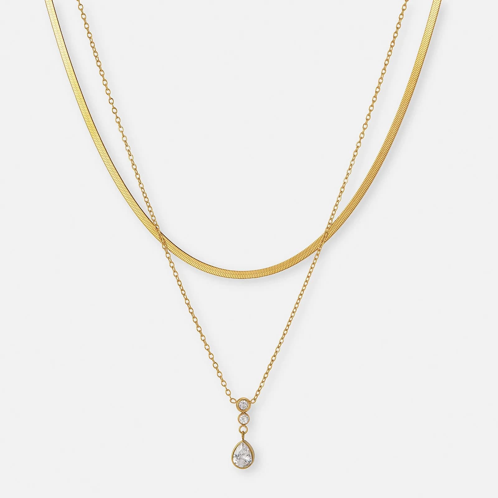 Halsband i guldpläterat stål - dubbla kedjor med Kubisk Zirkonia, 40/45+5cm 1