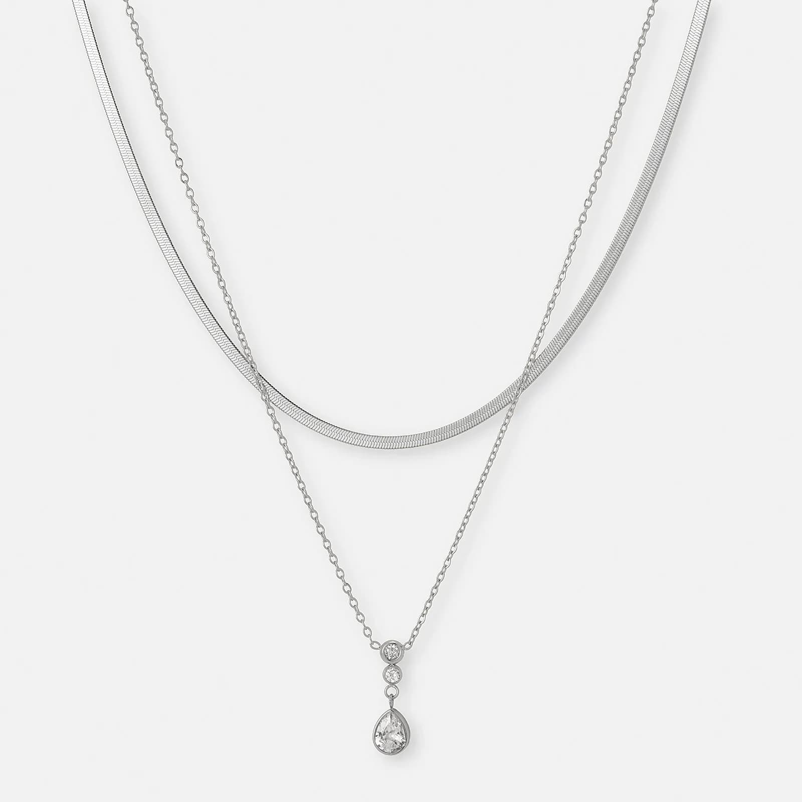 Halsband i stål - dubbla kedjor med Kubisk Zirkonia, 40/45+5cm