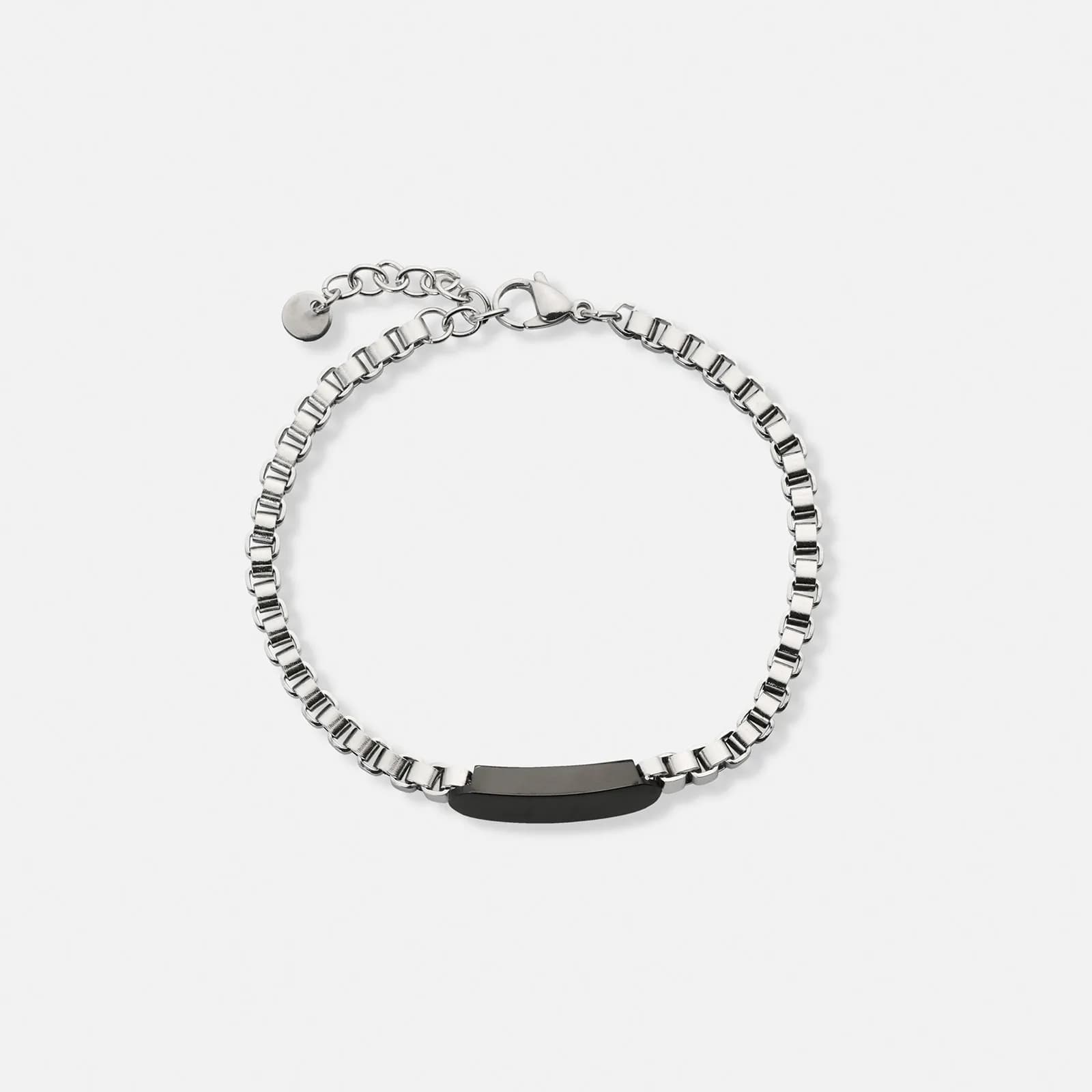Stålarmband herr, box chain med svart bricka - 19+3 cm