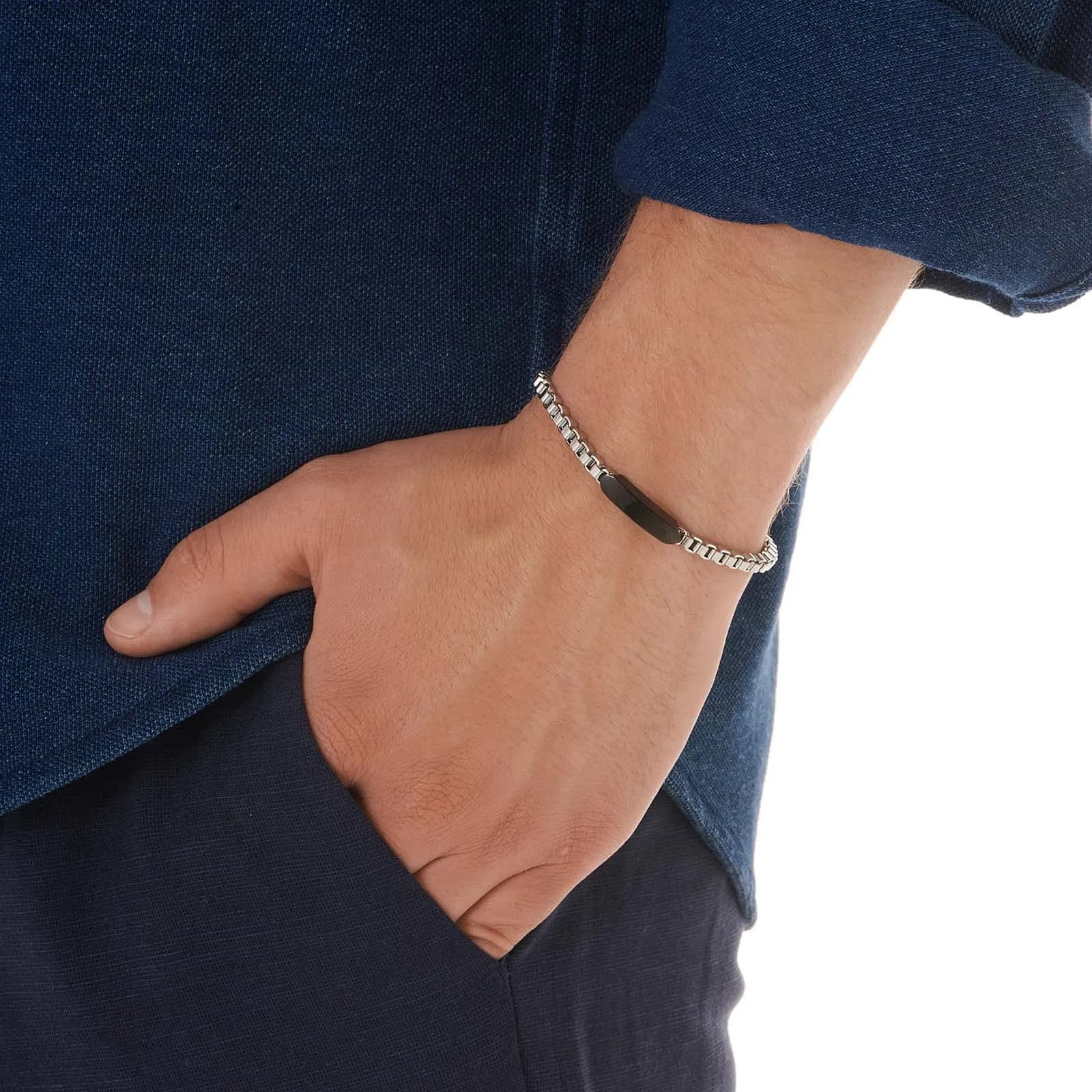Stålarmband herr, box chain med svart bricka - 19+3 cm 2