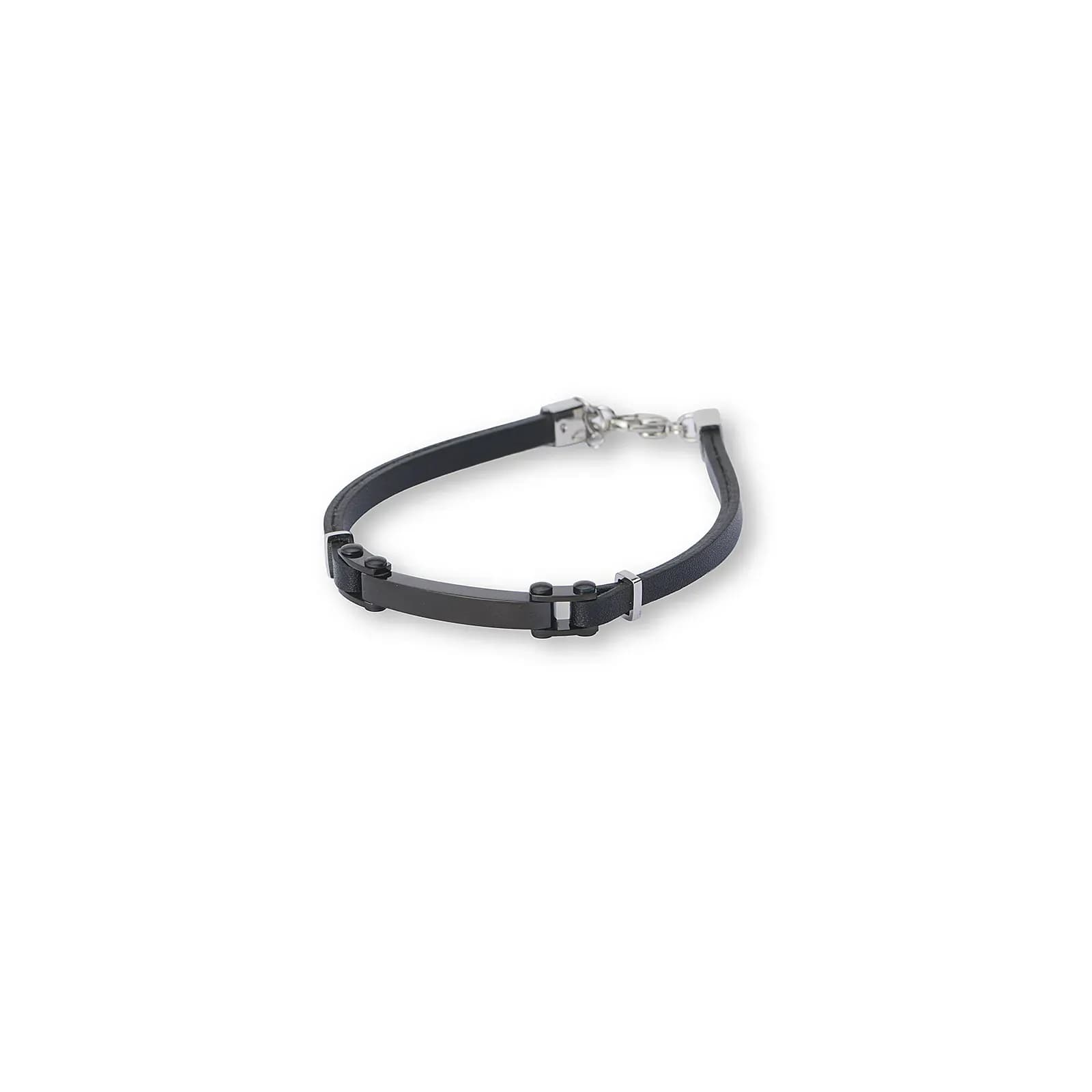 Svart armband, ID-bricka med svart läder - 19+2,5 cm