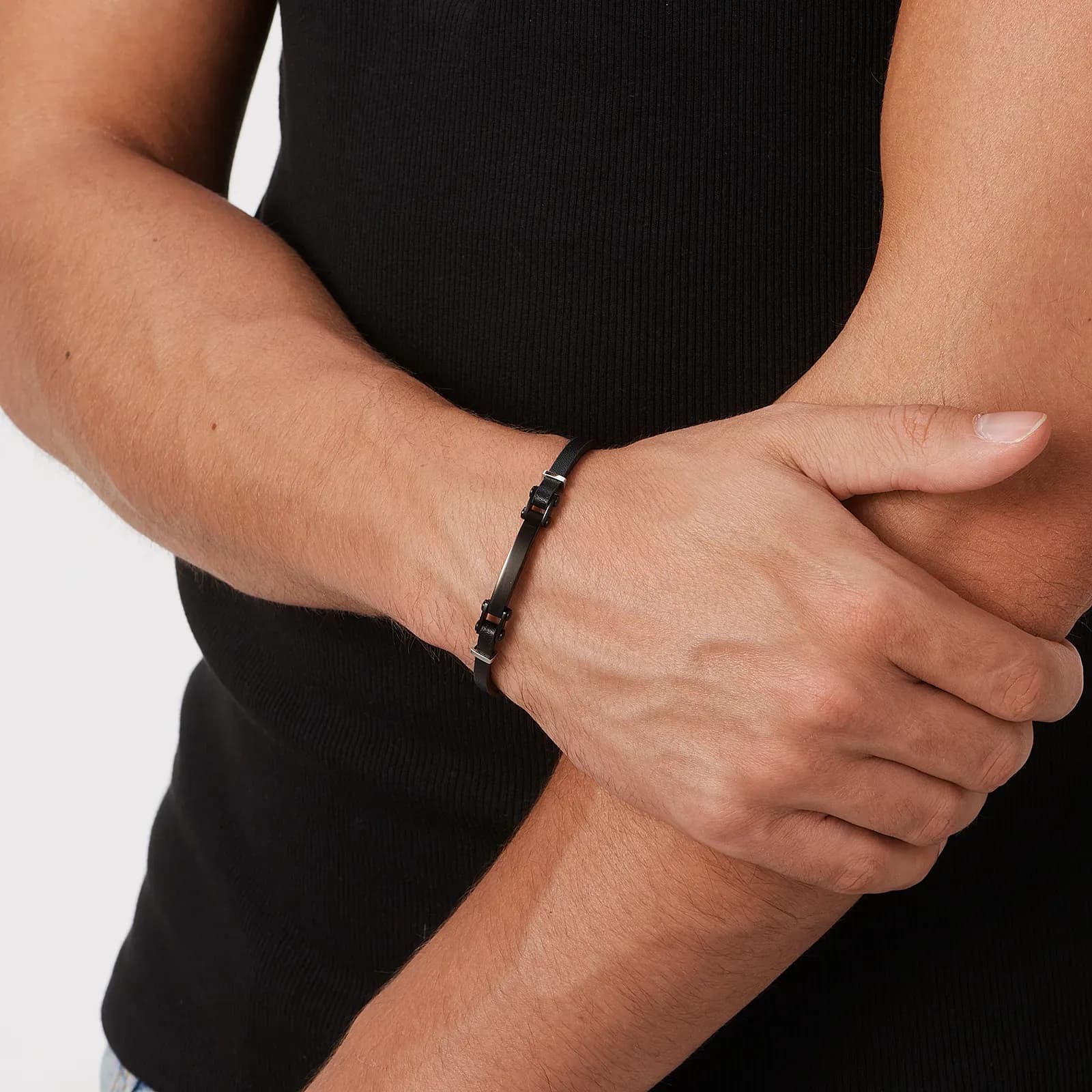 Svart armband, ID-bricka med svart läder - 19+2,5 cm 2