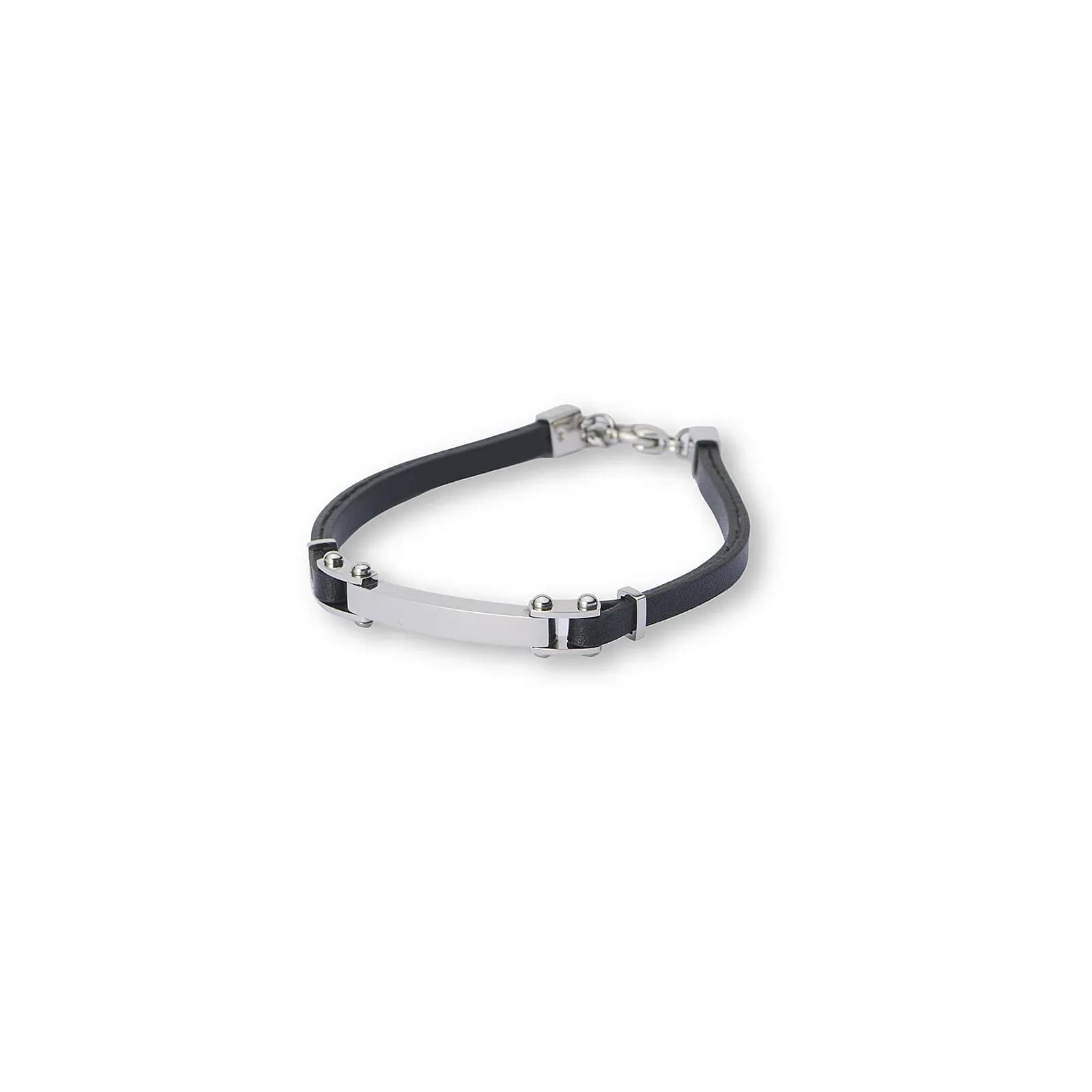 Silverfärgat armband, ID-bricka med svart läder - 19+2,5 cm