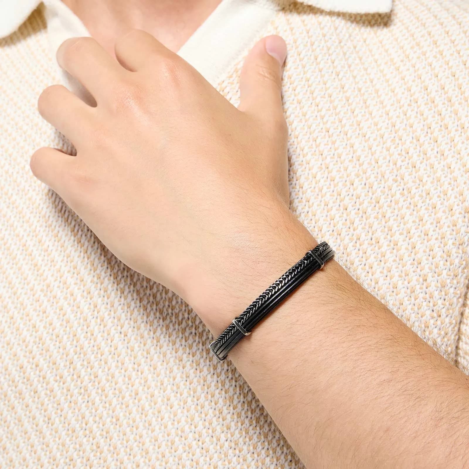 Armband herr - svart läder & kedja 2