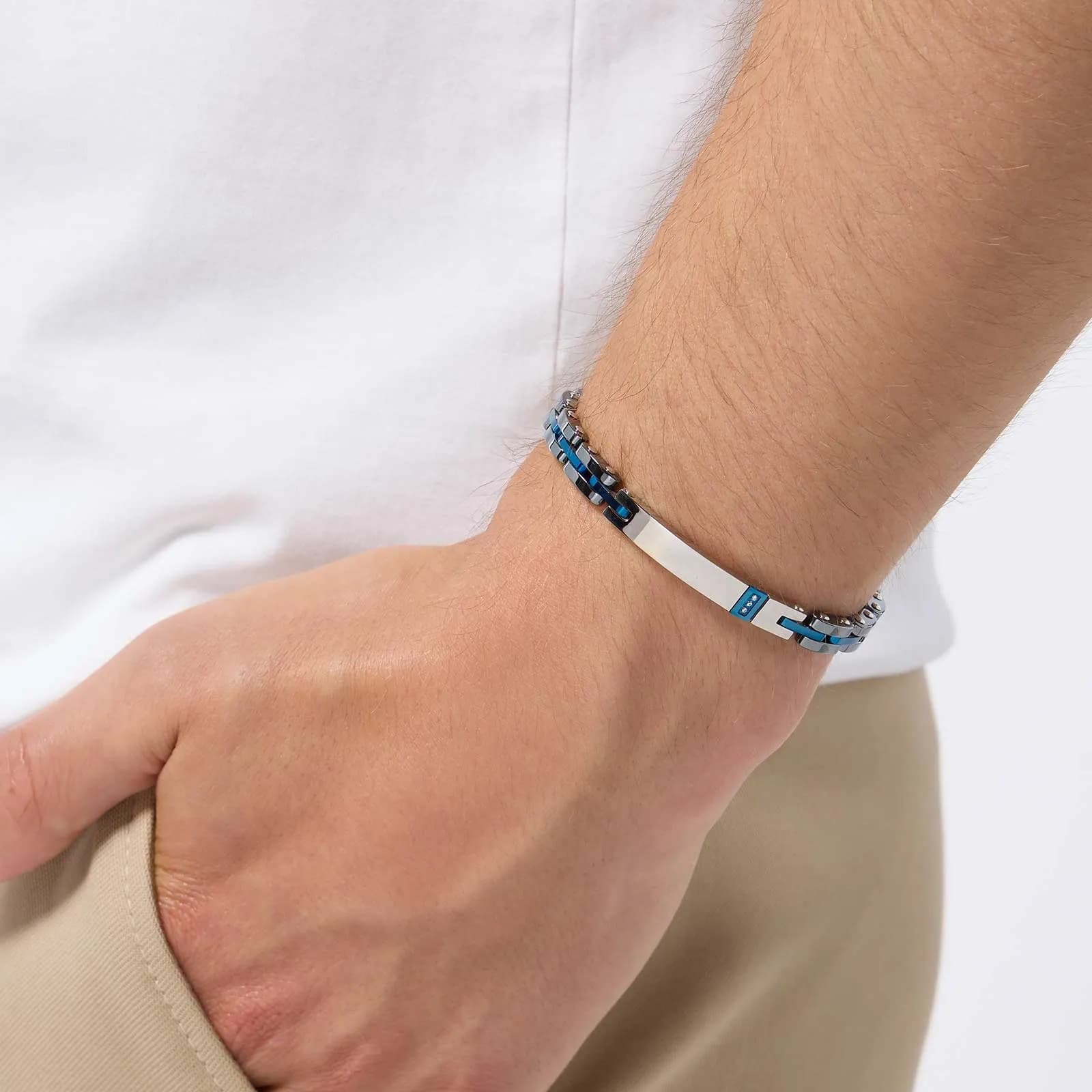 Armband herr - blå stållänkar, bricka, 21,5cm 2
