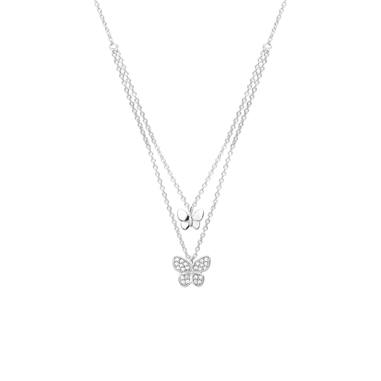 2 radigt halsband i rhodinerat silver - fjäril 45 cm