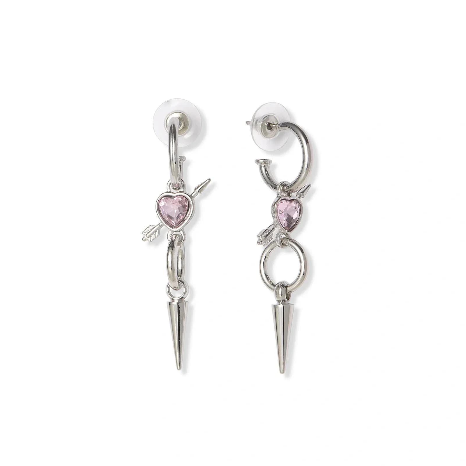 Silverfärgade örhängen, rosa hjärta med pil - 50mm