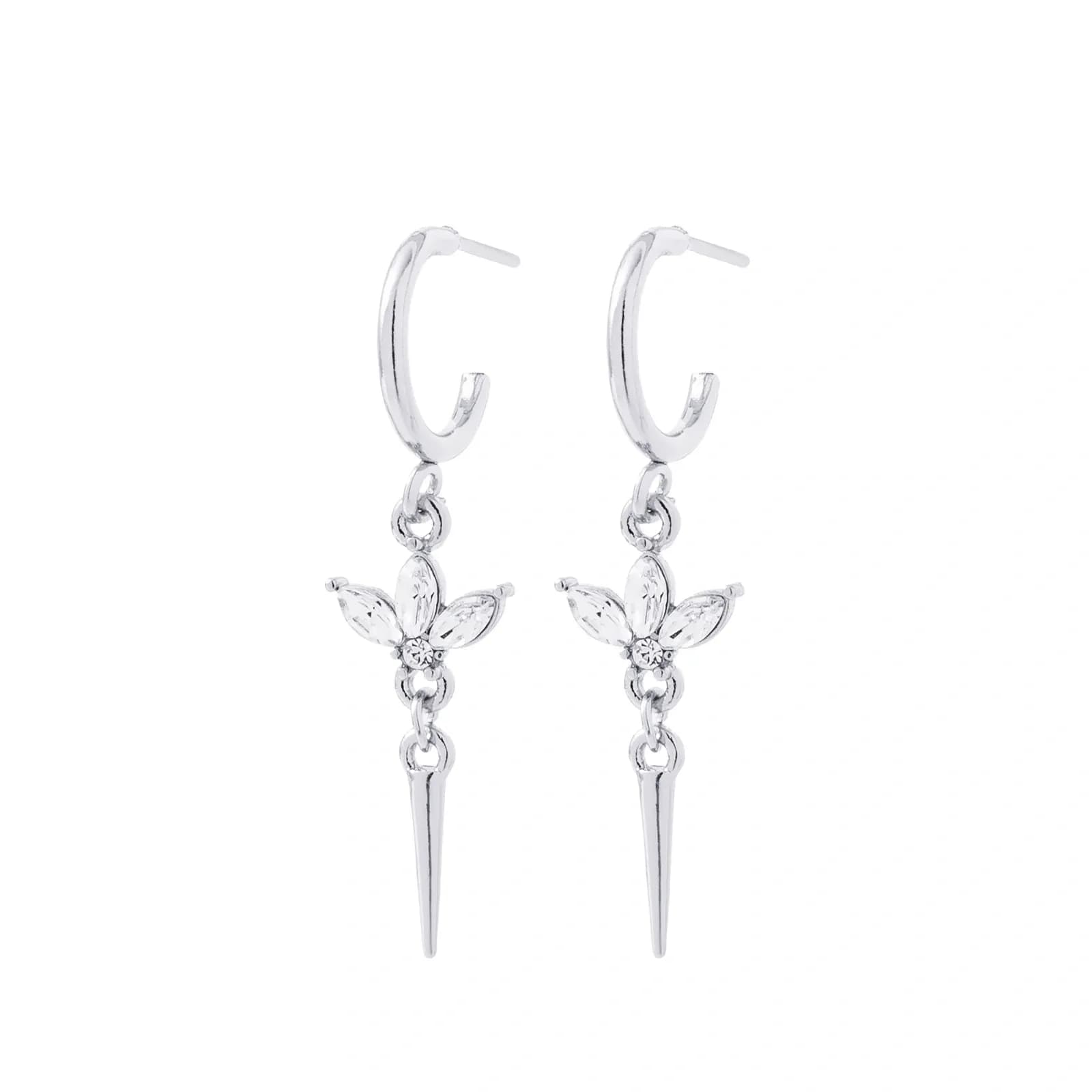 Silverfärgade örhängen, hängande blad och spik med glasstenar - 3cm