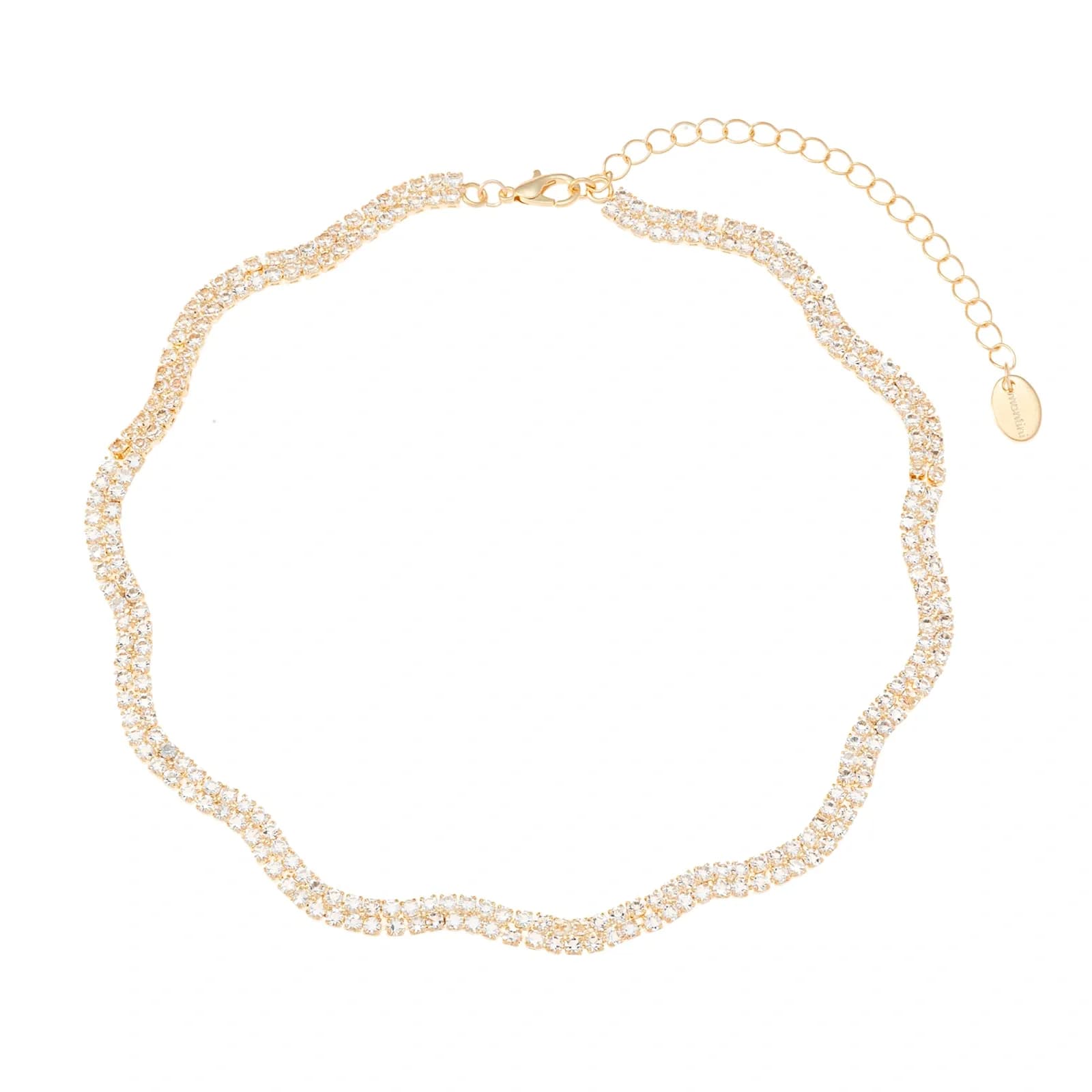 Guldfärgat halsband, vågig dubbelradig glaskristall - 42+7 cm