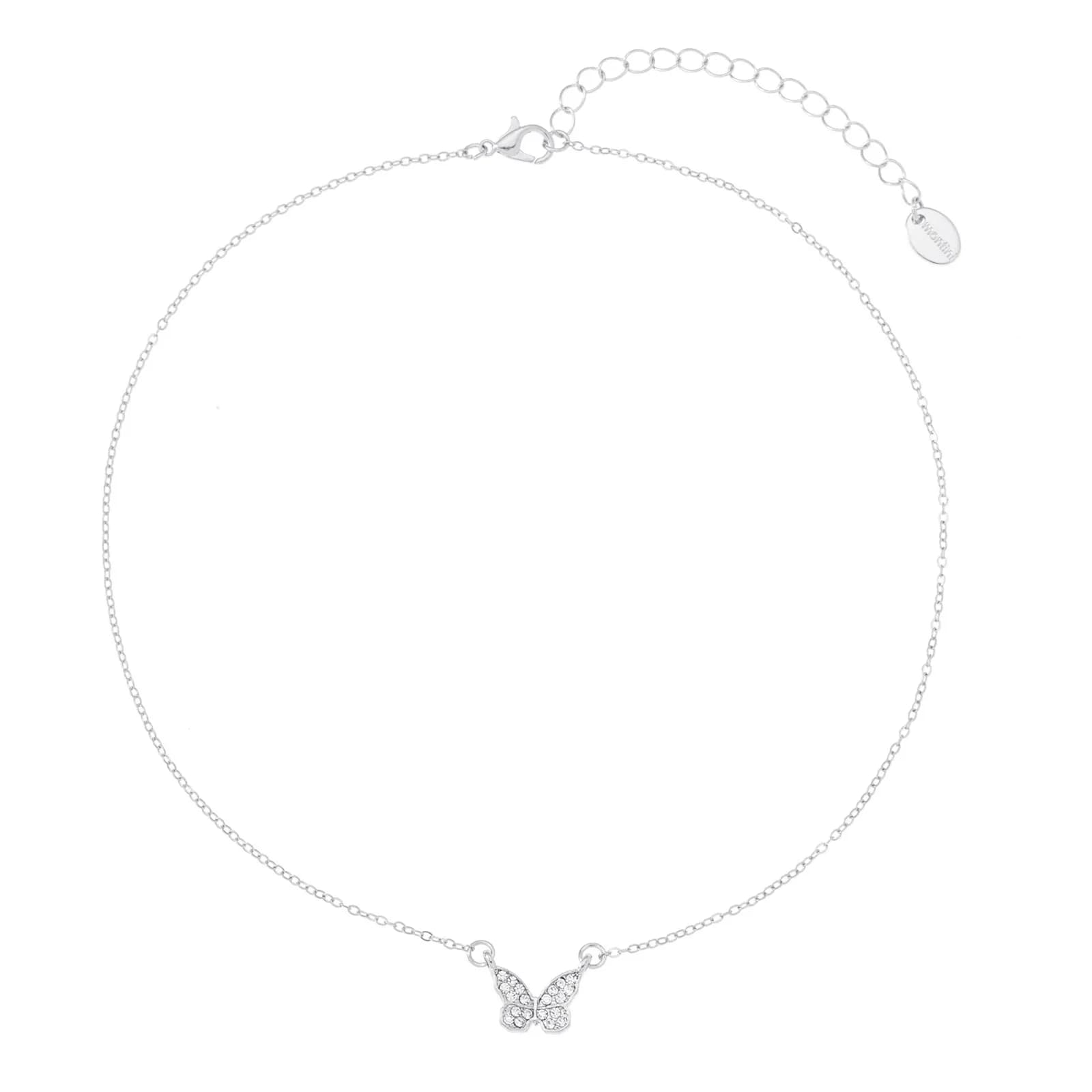 Silverfärgat halsband, fjäril med glasstenar - 42+7cm