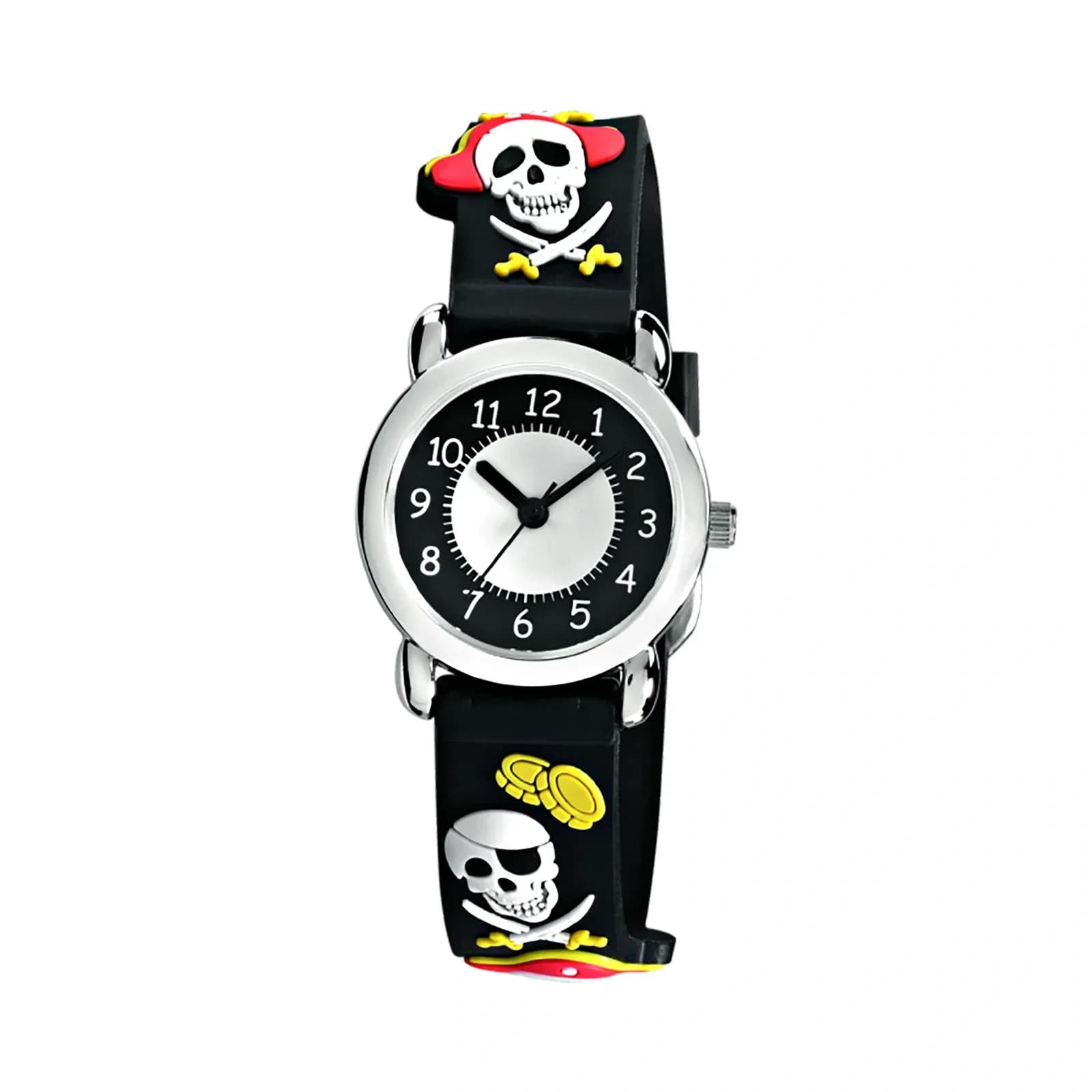 Regal barnklocka - svart gummiband, döskallar 27 mm