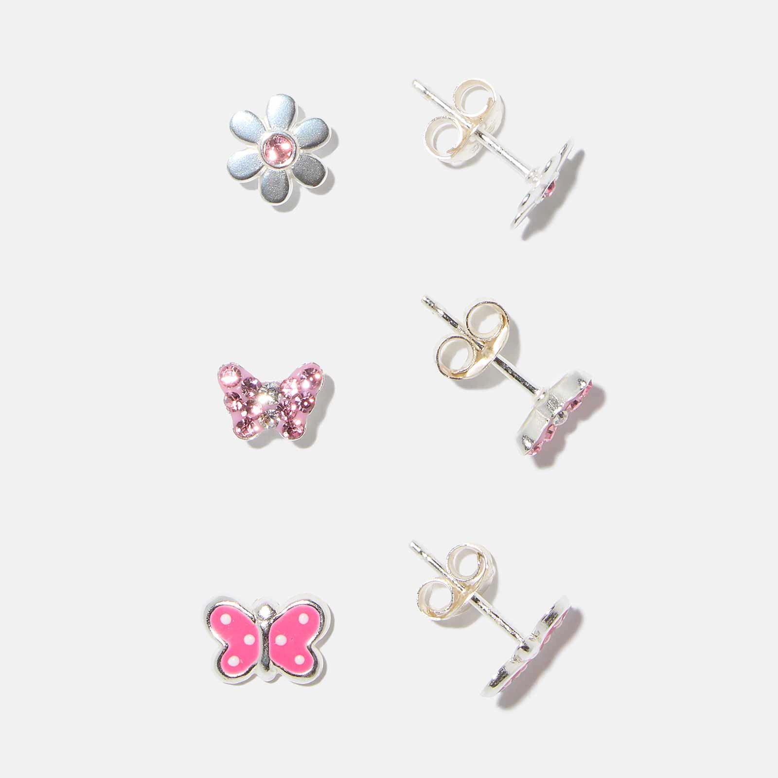 Silverörhängen för barn – 3-pack blommor & fjäril