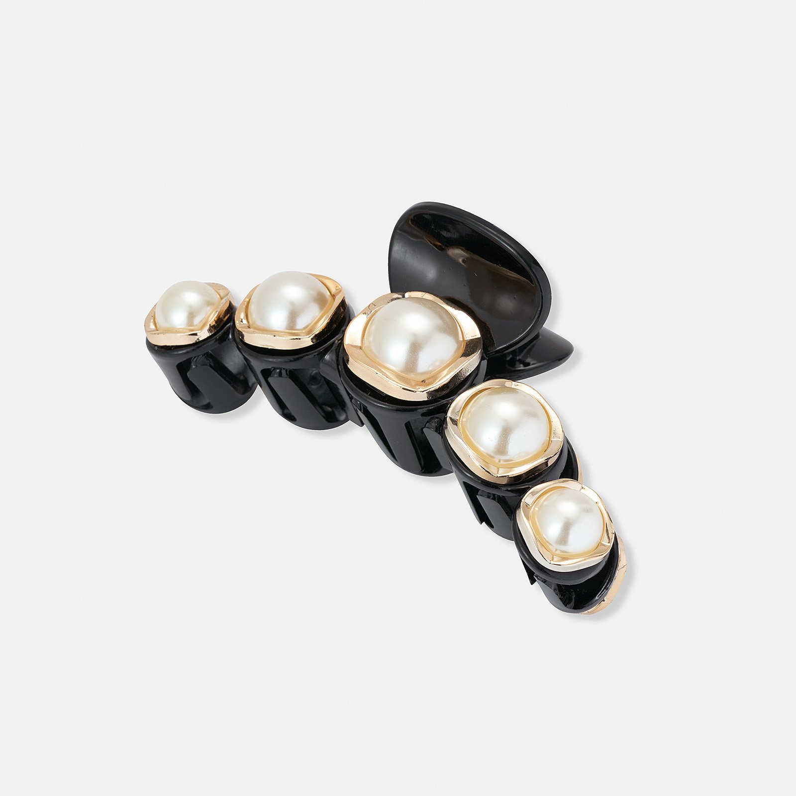 Svart hårklämma med vita pärlor - 11 cm