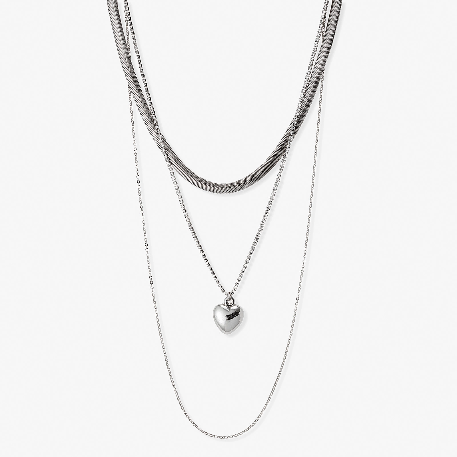 Silverfärgat treradigt halsband, hjärta, 40-66+7cm