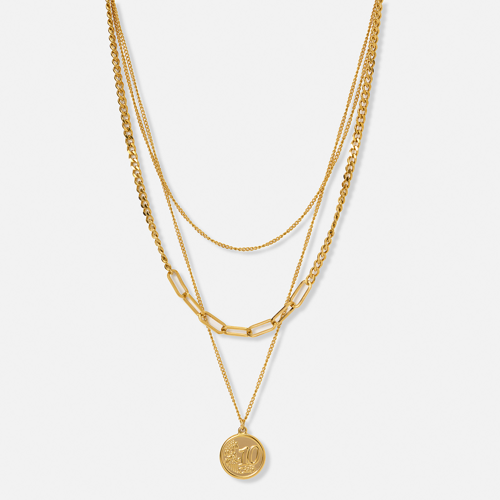 Guldpl&auml;terat st&aring;lhalsband, tre kedjor med mynt - 38-50 cm