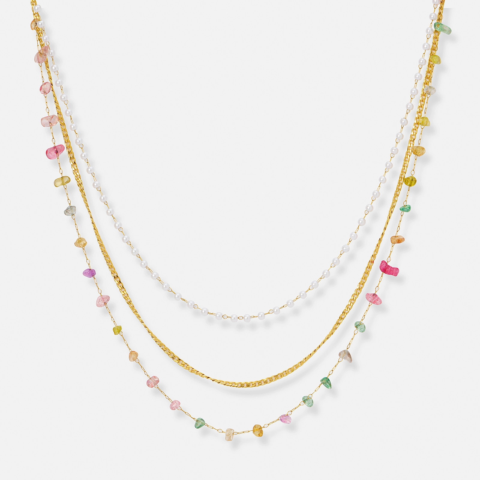 Guldpläterat stålhalsband, treradigt med pärlor och stenar - 39+5cm