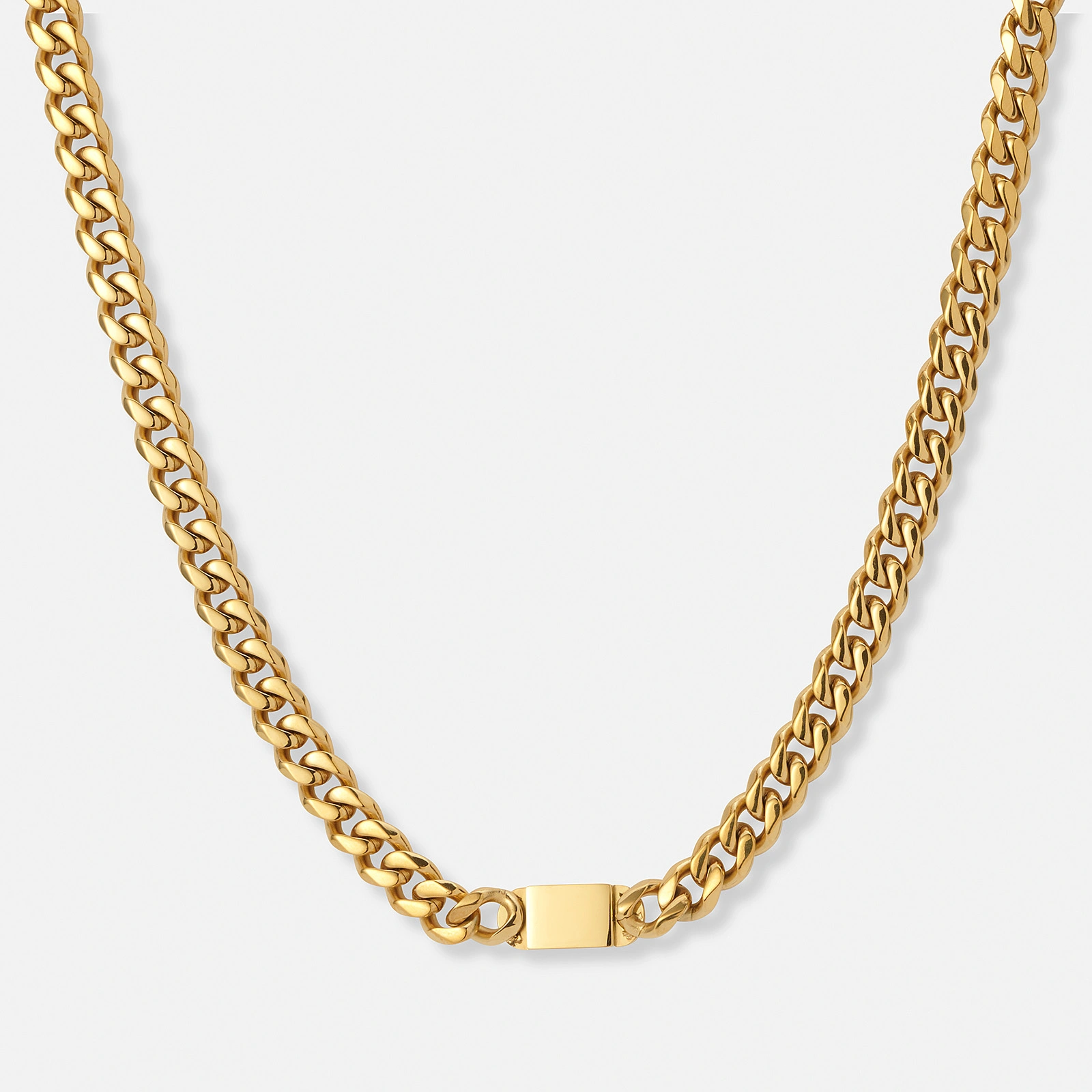 Guldpläterat stålhalsband, pansarlänk med bricka - 40+5 cm