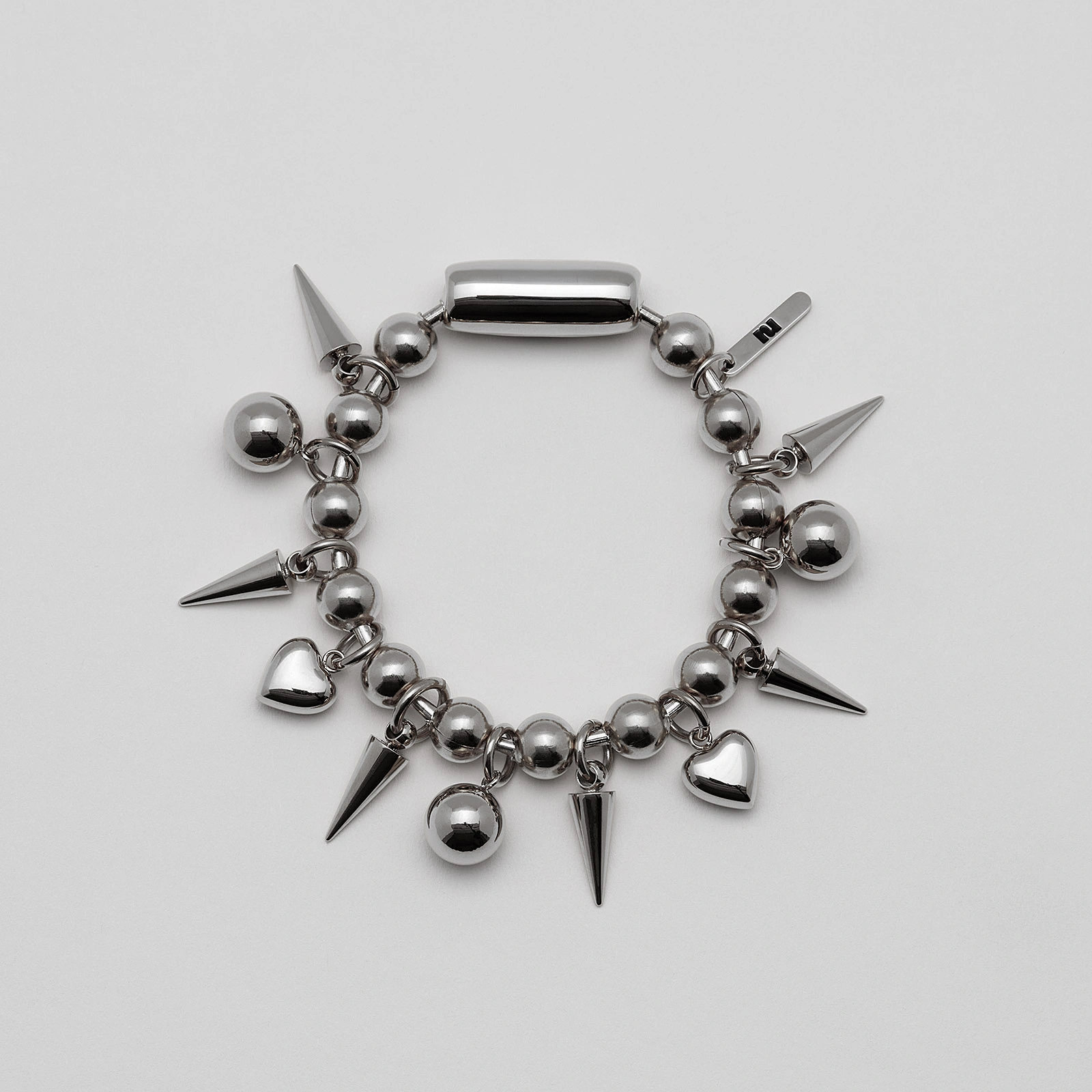 Armband stål, kularmband med kulor, hjärtan, spikes - 20,5 cm