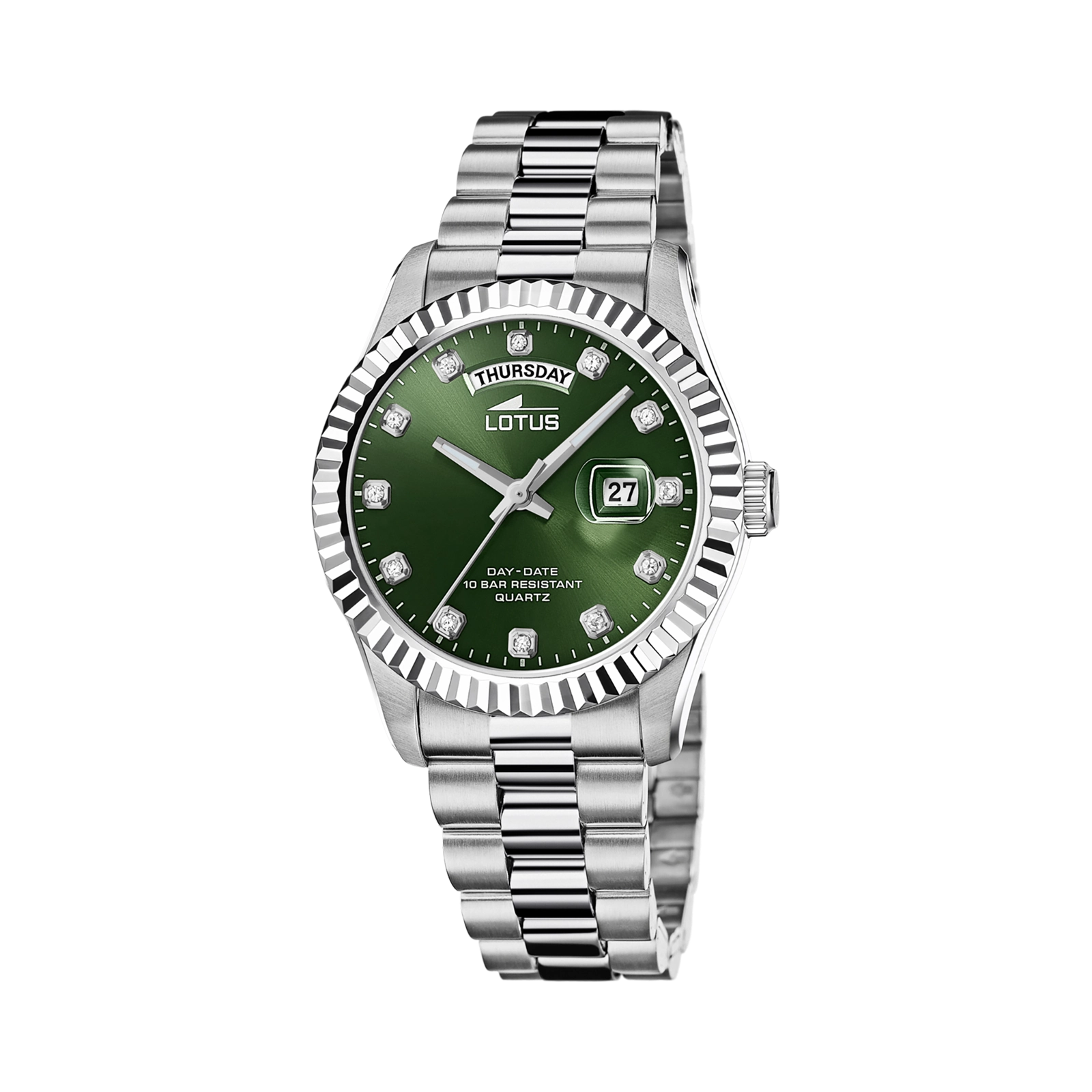 Lotus herrklocka - dag/datum, stål/grön, stenar, 41,5 mm