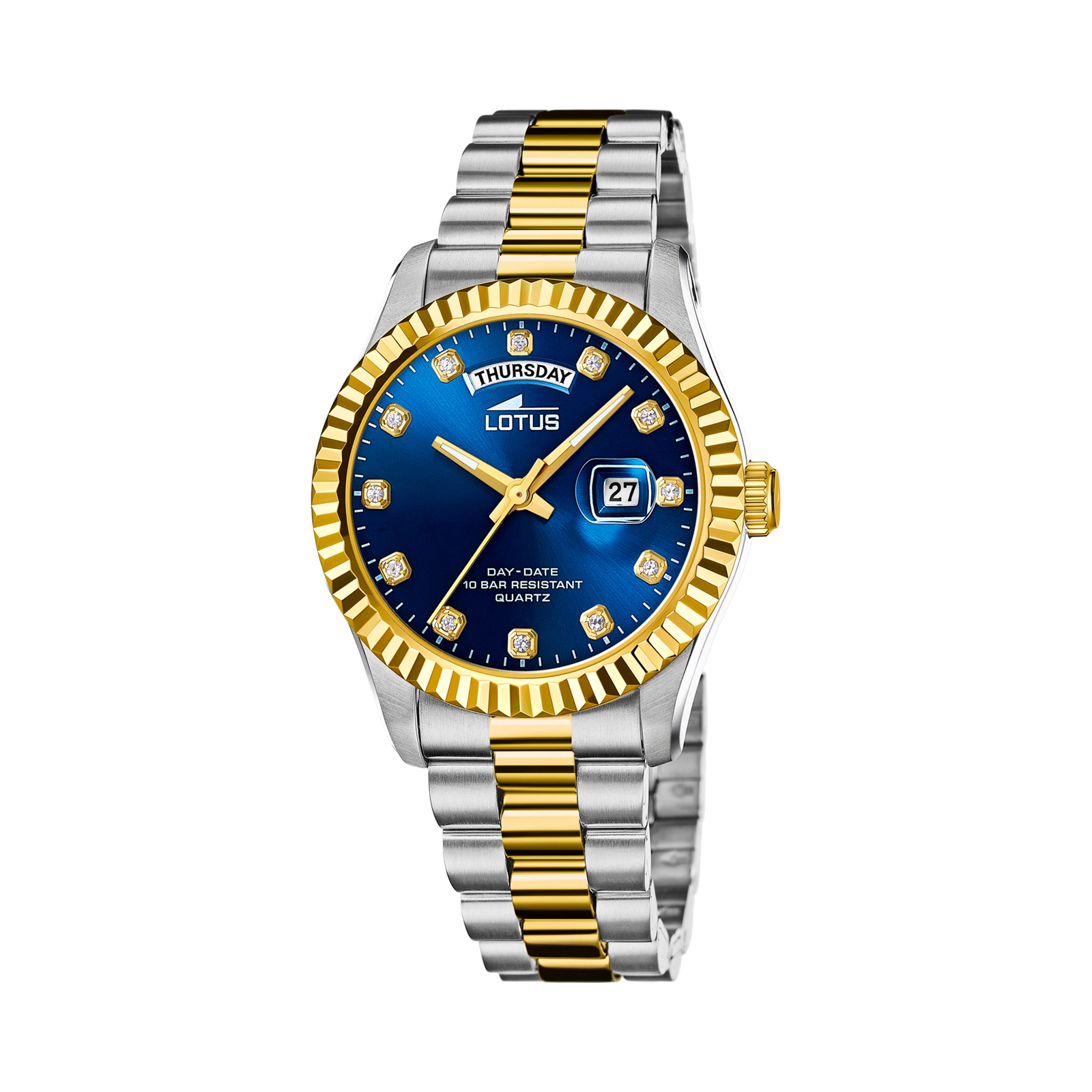 Lotus herrklocka - dag/datum, bicolor/bl&aring;, index, 41,5 mm