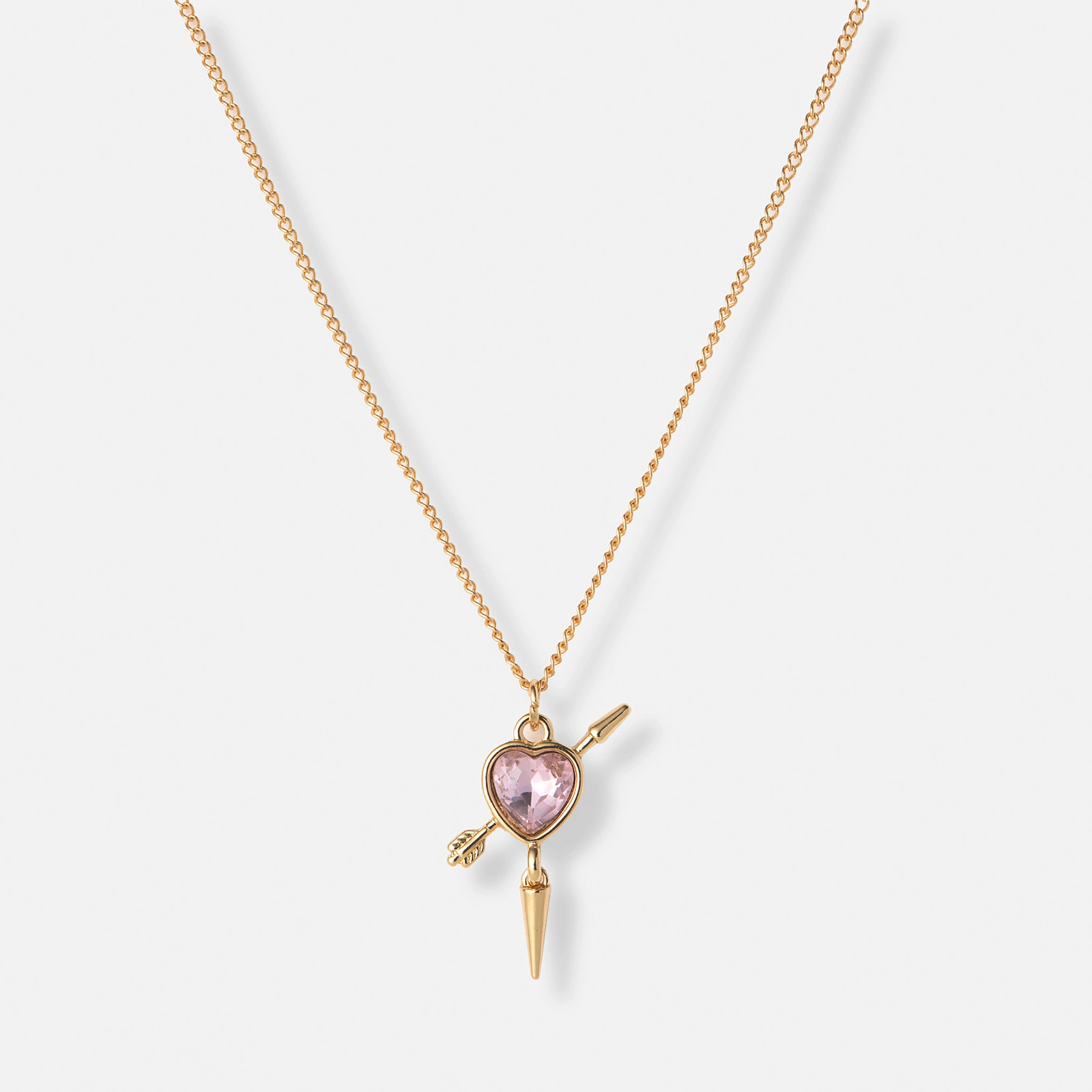 Guldfärgat halsband, rosa hjärta med nit 42+7cm