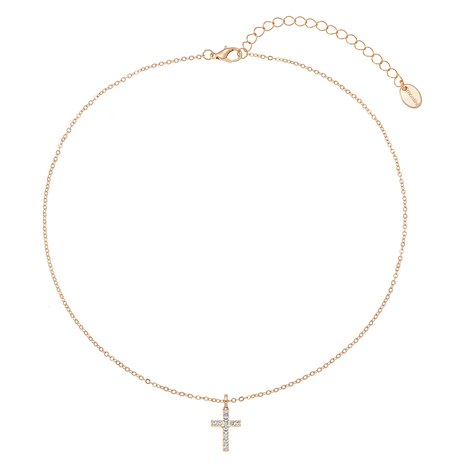 Guldfärgat halsband, kors med glasstenar - 42+7 cm