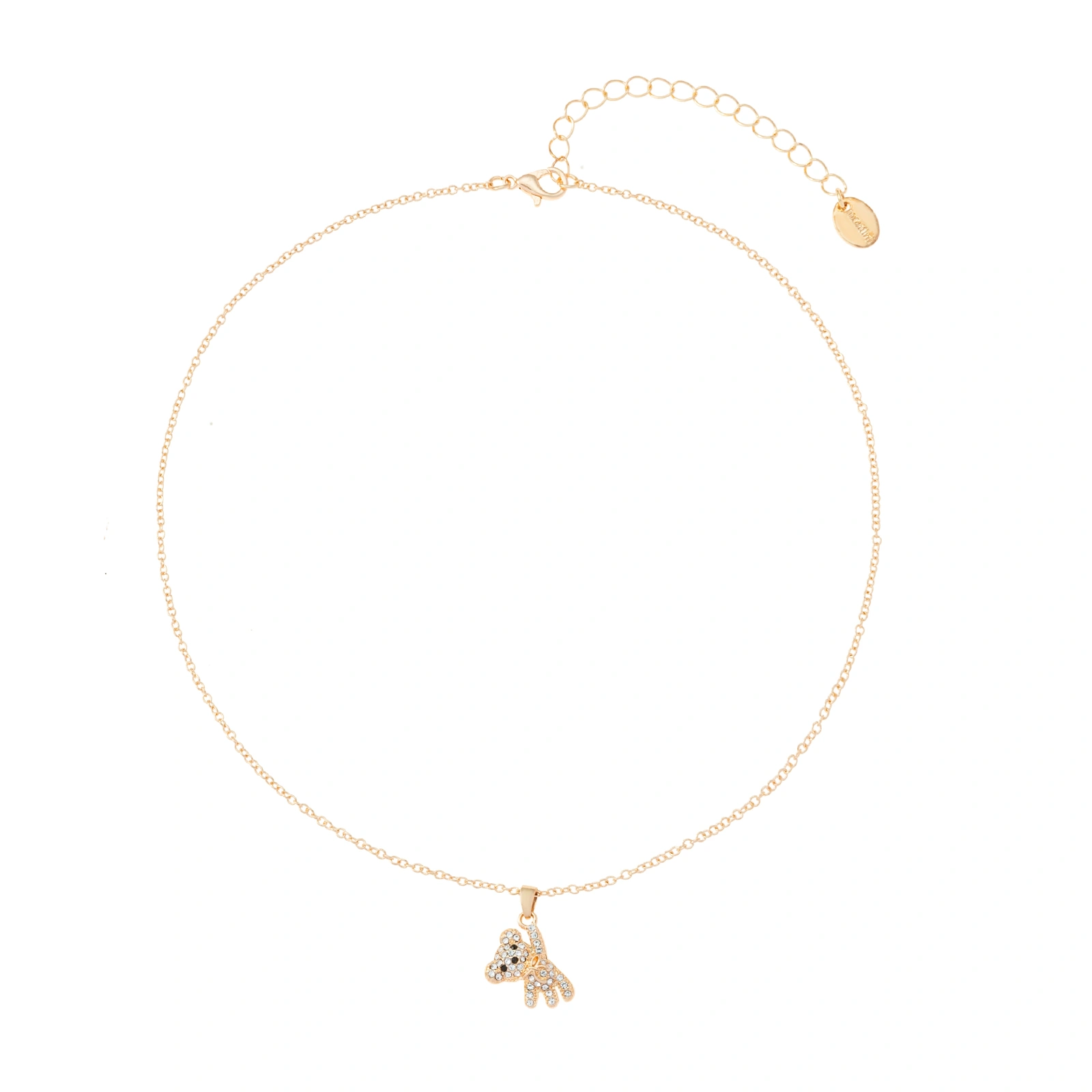 Guldfärgat halsband, nallebjörn med glasstenar - 42+7cm