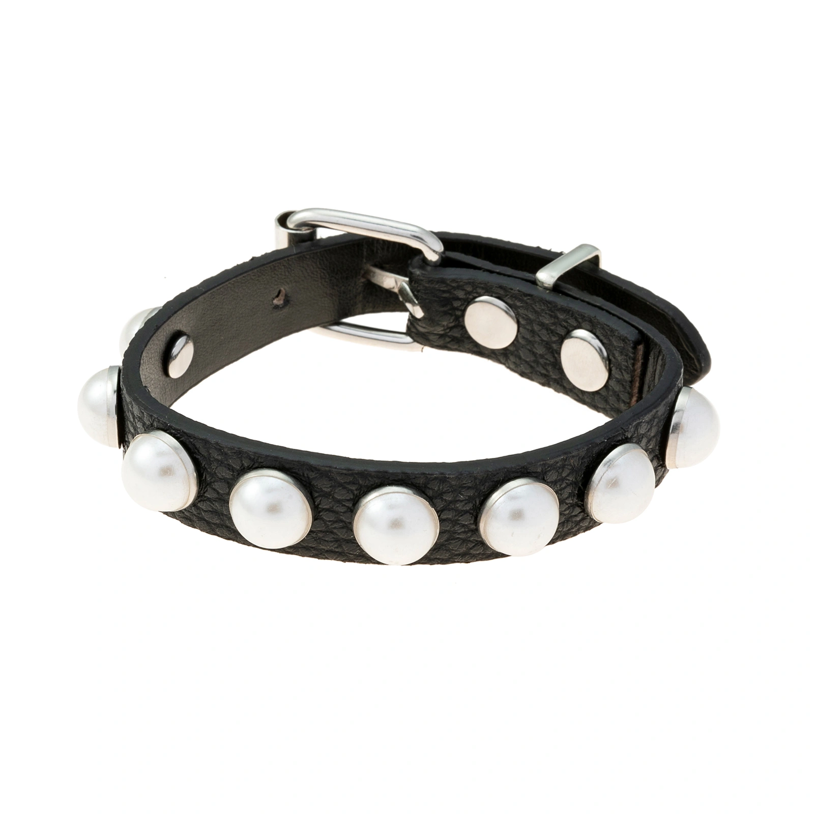 Silverfärgat armband, svart konstläder runda nitar - Justerbart