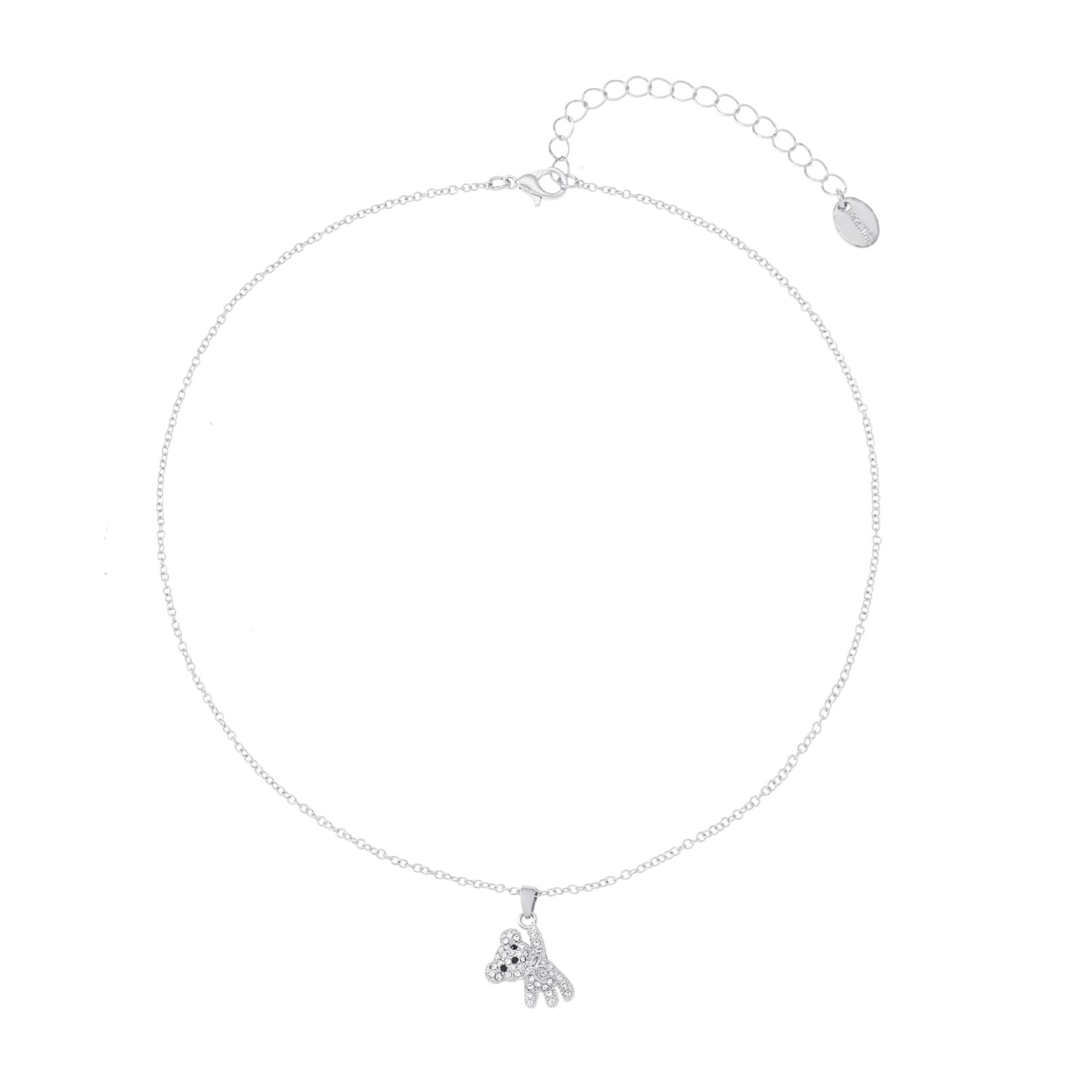 Silverfärgat halsband, nallebjörn med glasstenar - 42+7cm