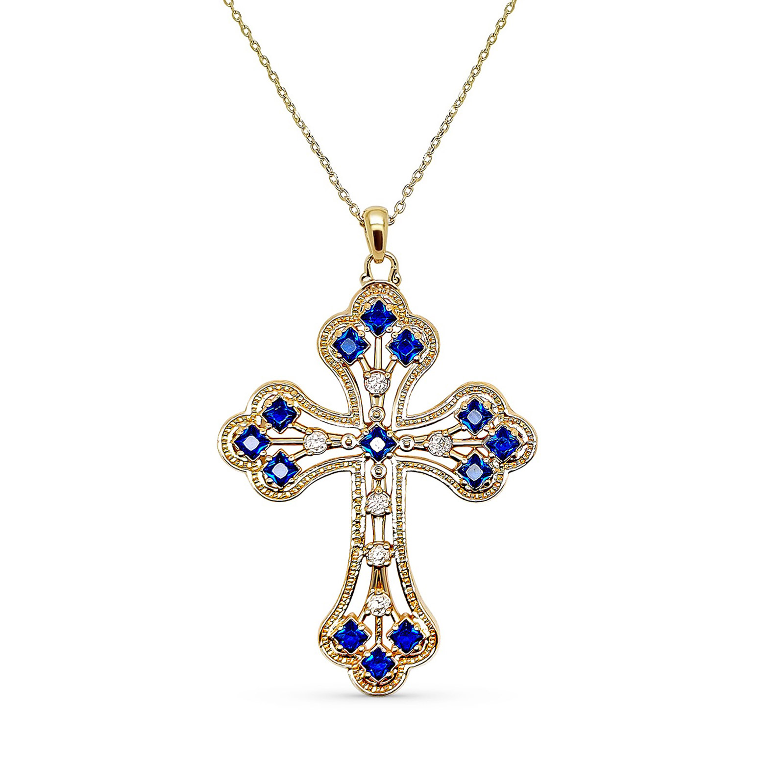 18k guldpläterat halsband - kors med blå stenar