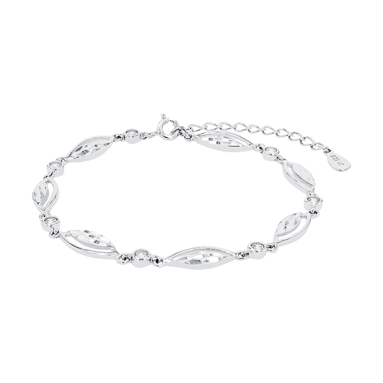 Silverarmband, länk med fasetterade ovaler och stenar - 16–20 cm