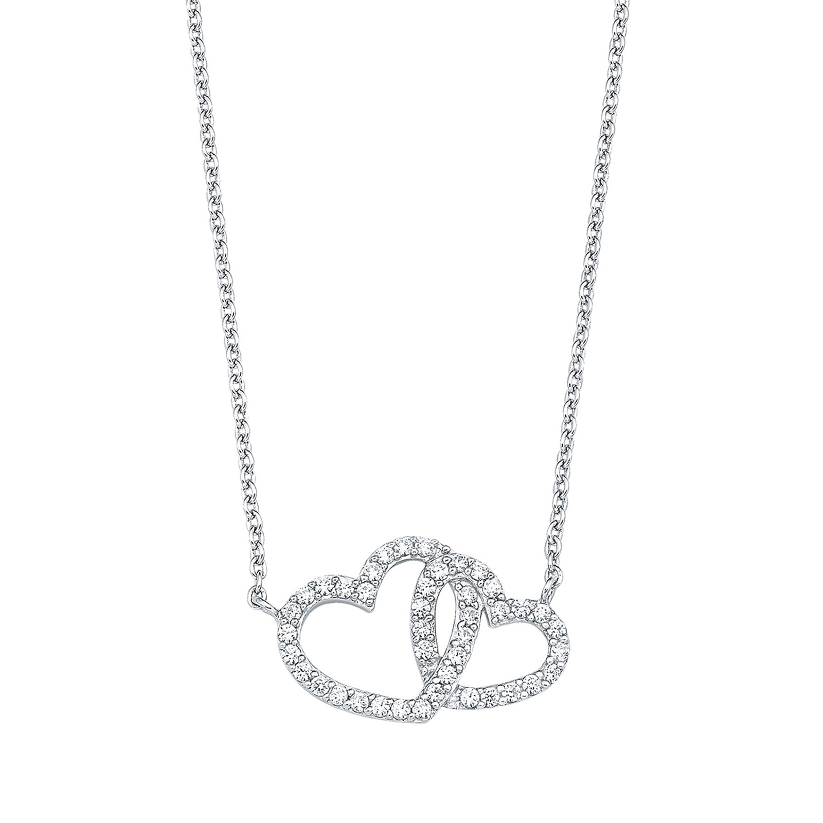 Silverhalsband, sammanflätade hjärtan med vita stenar - 45 cm