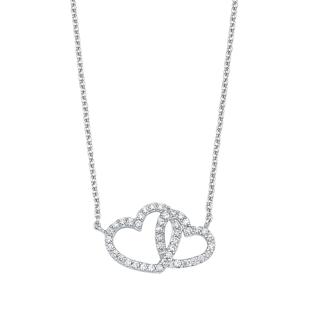 Silverhalsband, sammanflätade hjärtan med vita stenar - 45 cm