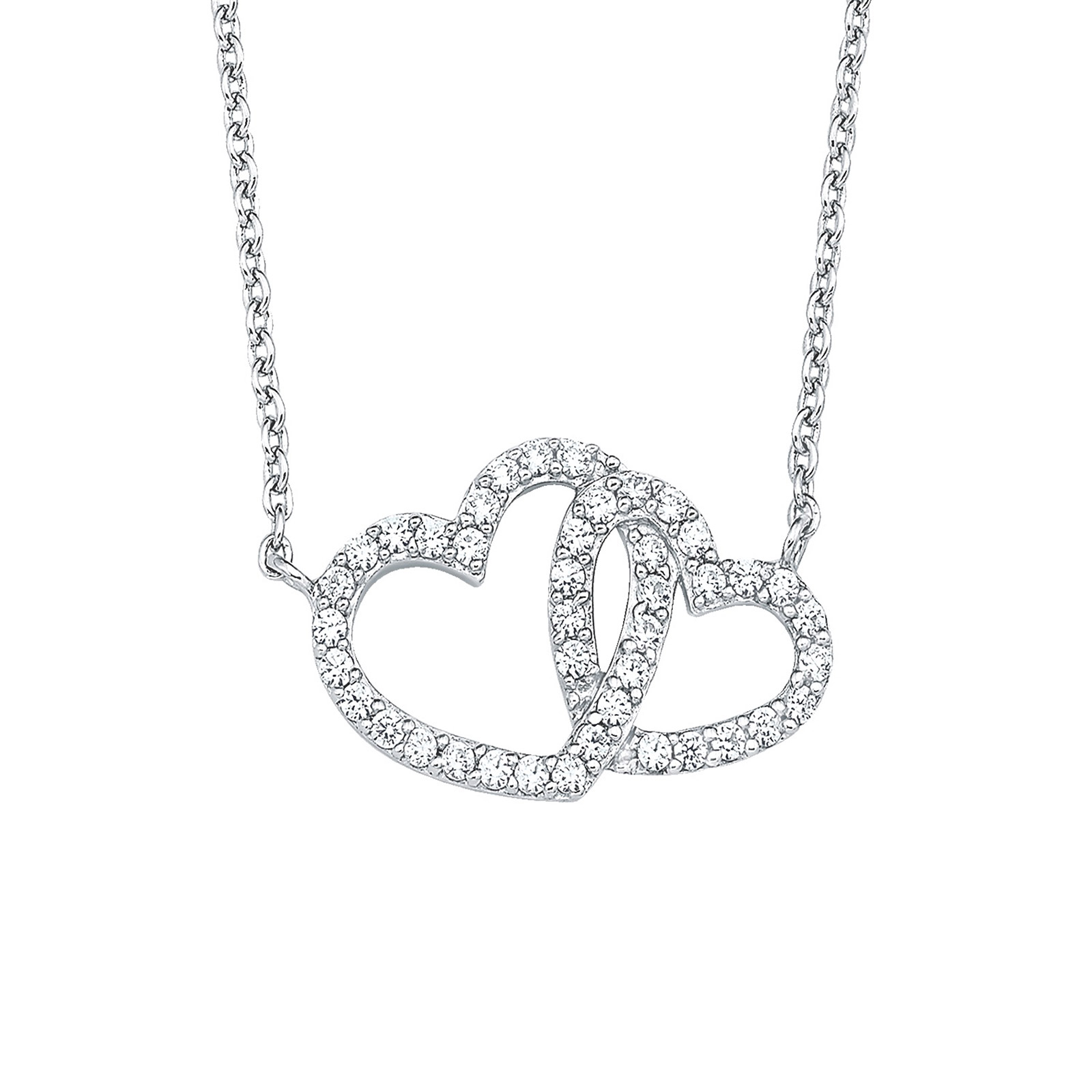 Silverhalsband, sammanflätade hjärtan med vita stenar - 45 cm