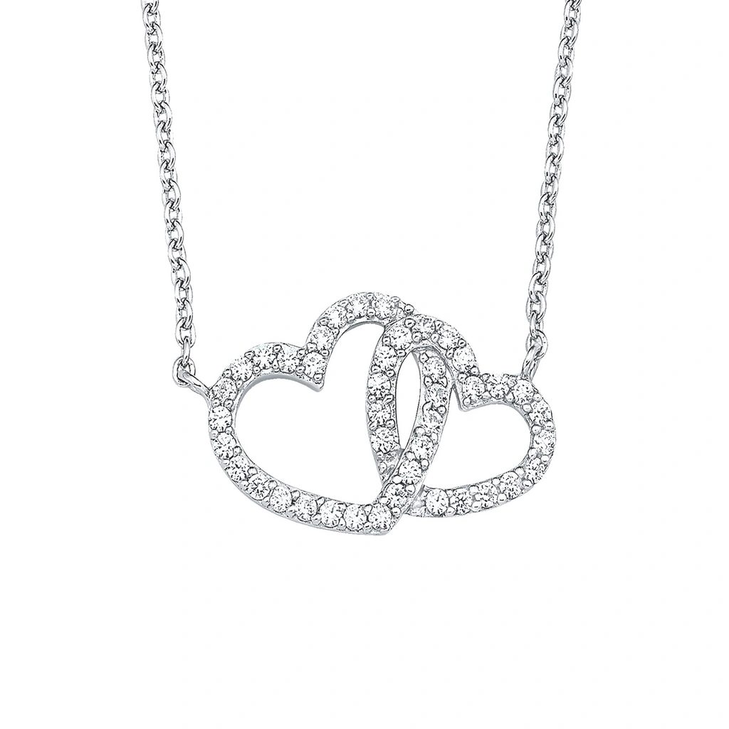 Silverhalsband, sammanflätade hjärtan med vita stenar - 45 cm