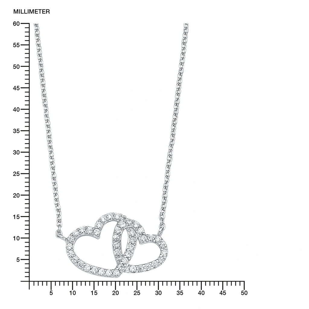 Silverhalsband, sammanflätade hjärtan med vita stenar - 45 cm