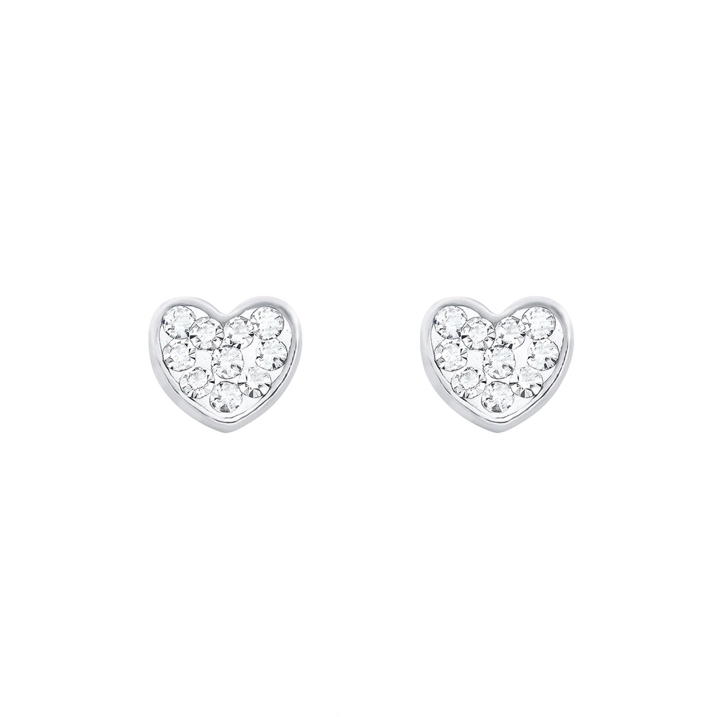 Silverörhängen, studs hjärta med vita stenar - 6 mm