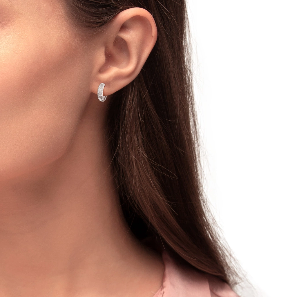 Silverörhängen, creoler med vita stenar - 12 mm