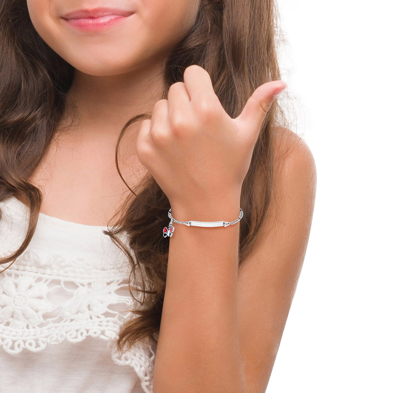 Silverarmband barn, figarolänk med fjäril och id-bricka - 12–14 cm