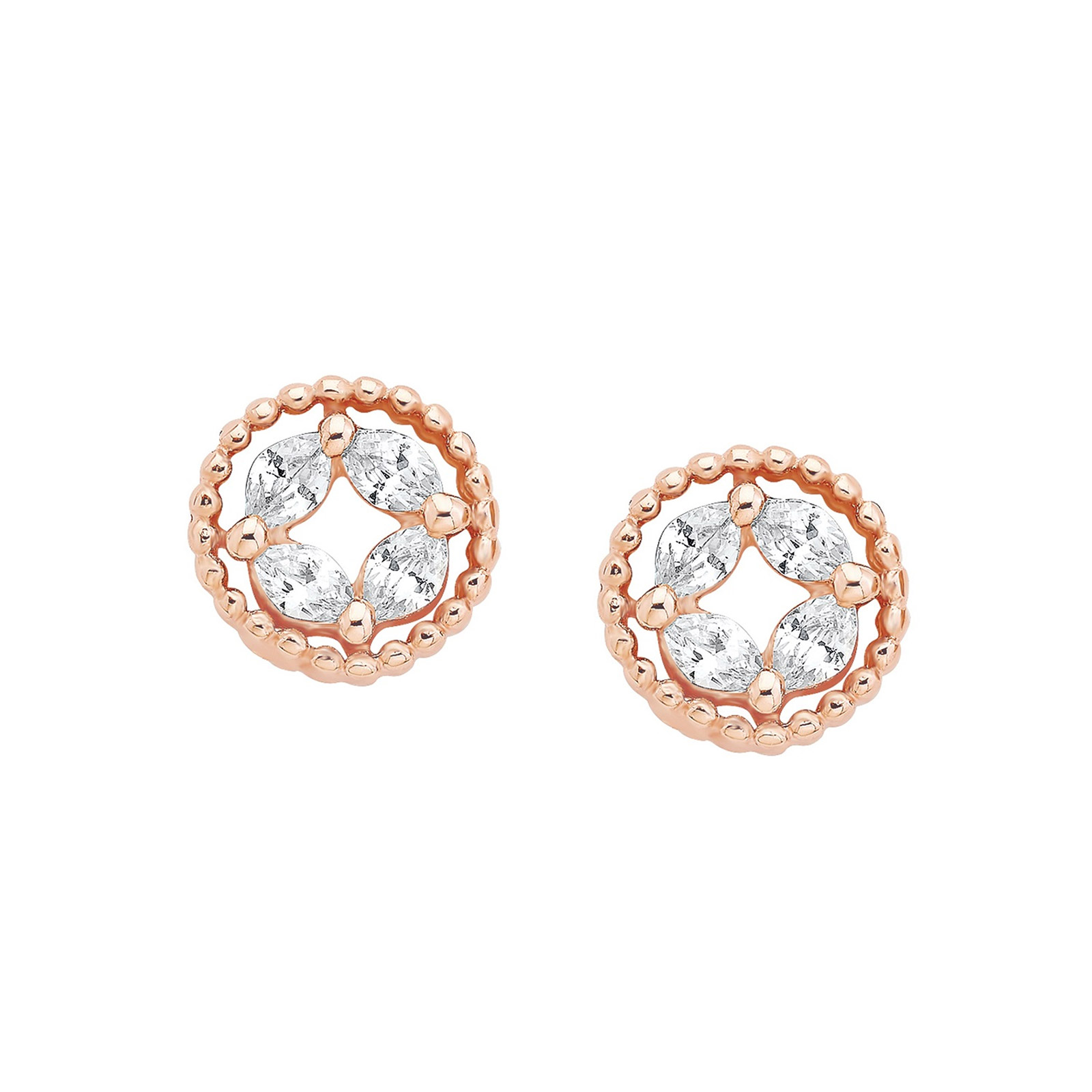 Guldpläterade silverörhängen, studs runda med vita stenar - 8 mm