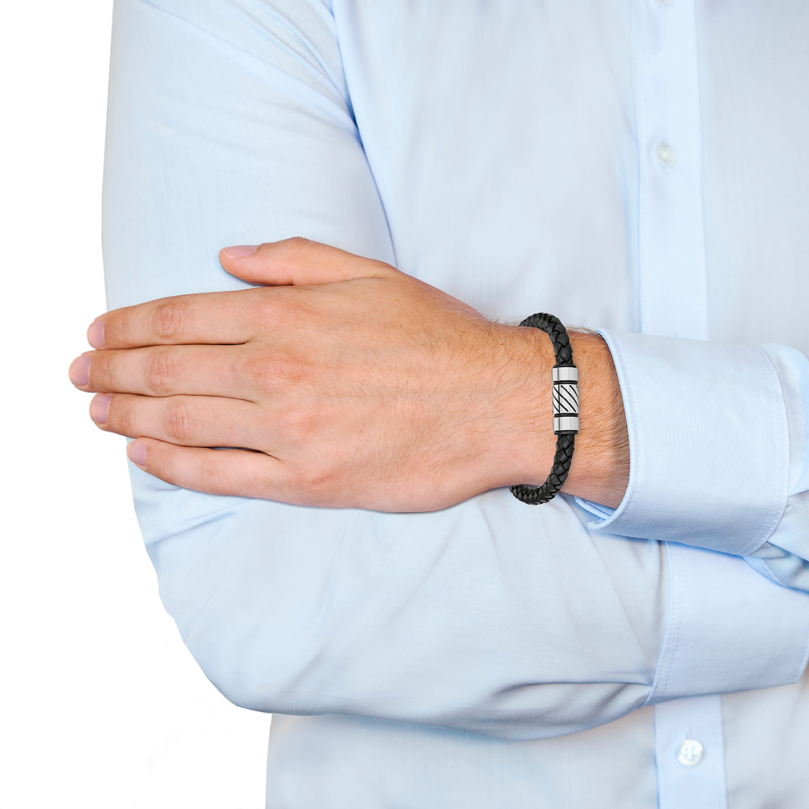 Stålarmband herr, flätat läder med mönstrad detalj - 21 cm