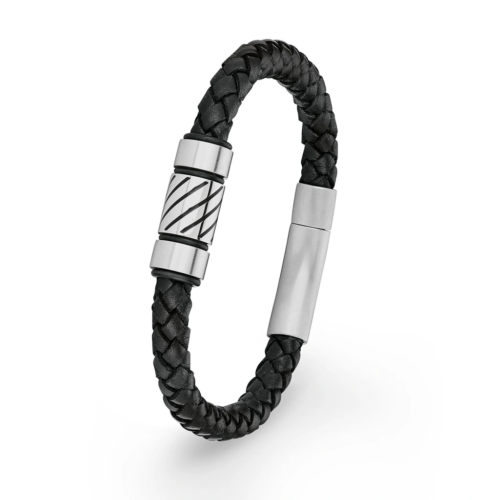 Stålarmband herr, flätat läder med mönstrad detalj - 21 cm