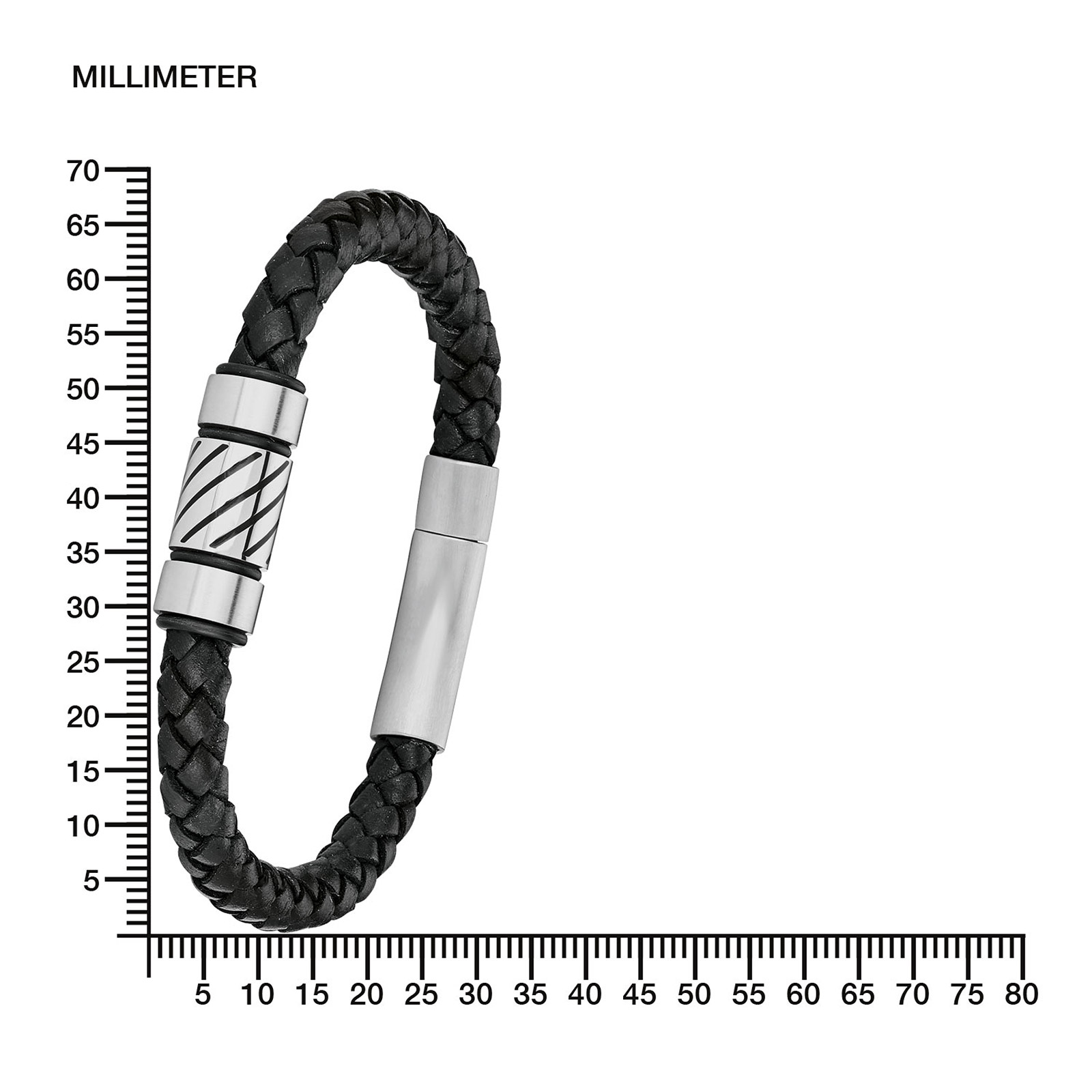 Stålarmband herr, flätat läder med mönstrad detalj - 21 cm